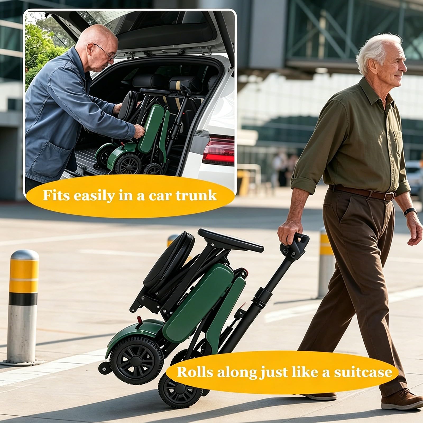Scooter De Mobilité Pliable pour Seniors,2 Batteries, Longue Autonomie,Sûr Et Confortable,Léger Et Pliable,Certifié pour L'aviation,Transportable en Cabine Graphite Green