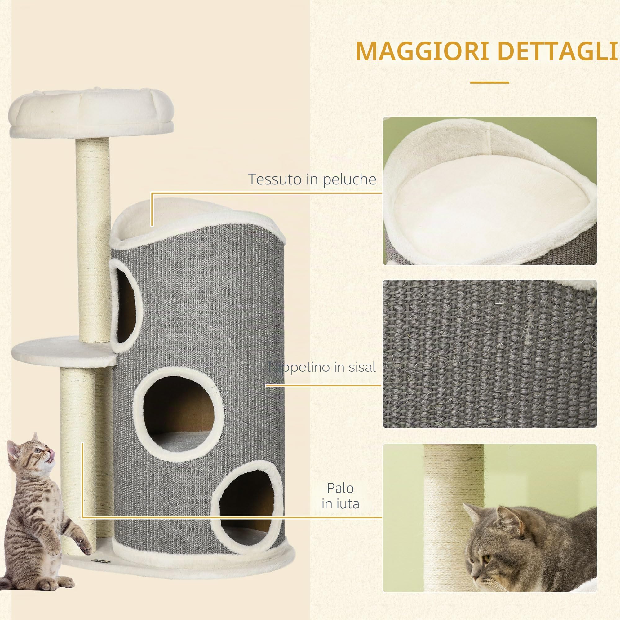 PawHut Albero gatto 109cm, Barile grattante, Gatti <5kg, Bianco+Grigio
