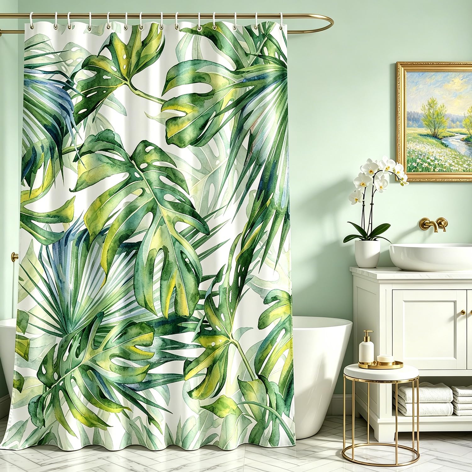 Lerores Shower Curtain, 240 x 160 cm, Green Leaves, Weighted Hem, Anti-Mould Textile, Waterproof, Washable Polyester Fabric Bath Curtains with Eyelets and 16 Shower Curtain Rings for Bathroom, Bathtub