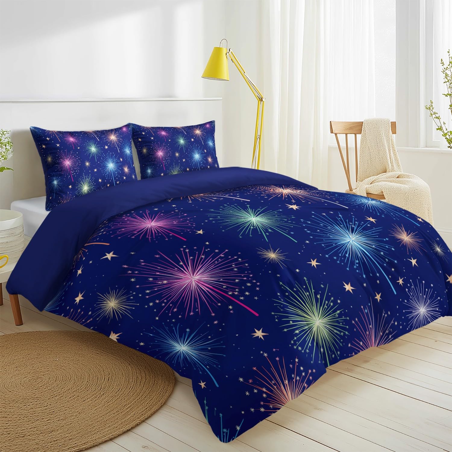 Generisch Bettwäsche Set 200 x 220 cm 3teilig Romantisch Bunt Blühend Feuerwerk, Weicher Mikrofaser-Bettbezug mit Kissenbezug Wendebettwäsche Deckenbezug, Erwachsenengrößen, Blau Traumhaft