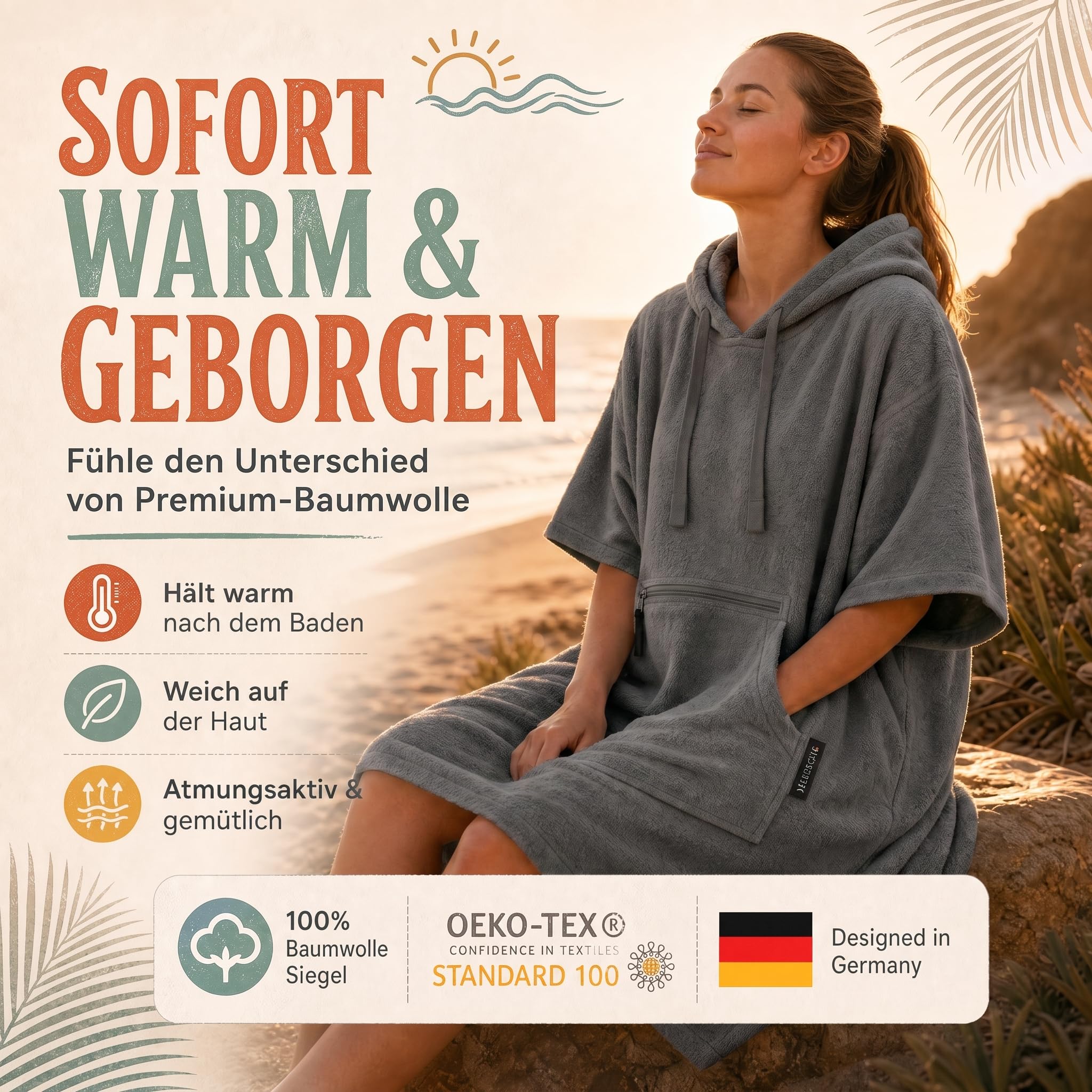 Strandponcho für Damen, Herren & Kinder – Badeponcho aus 100% Baumwolle, Surfponcho zum Umziehen mit Kapuze & Tasche für Strand, Sauna & Pool, Dunkelgrau, S/M