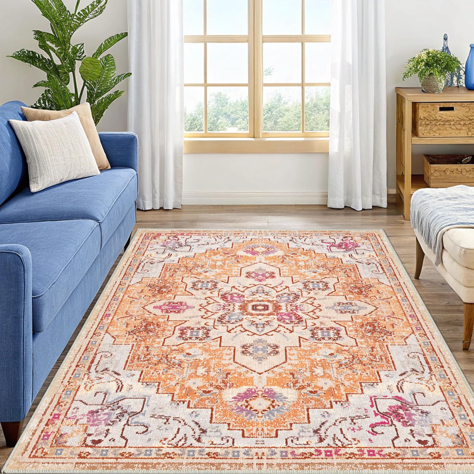 Smiry 5x7 Area Rugs for Living Room, Boho Chic Style Printed Rugs, Low Pile, Non-Shedding, Easy Care, Machine Washable Lightweight Floor Carpets Rugs