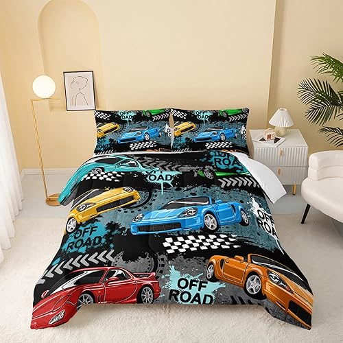 Miniatura 2 de QOOMO Juego de edredón de auto de carreras tamaño individual, juego de edredón para niños, ropa de cama con impresión de juegos de carreras