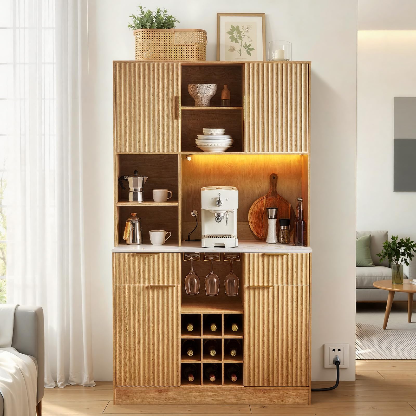 VEVOR Wine Cabinet, Coffee Bar Cabinet with 9 Wine Bottle Racks, Modern Buffet Sideboard with Glass Holder, LED Light, Charging Station, for Home Kitchen, Living Room, Dining Room, Natural Wood Finish