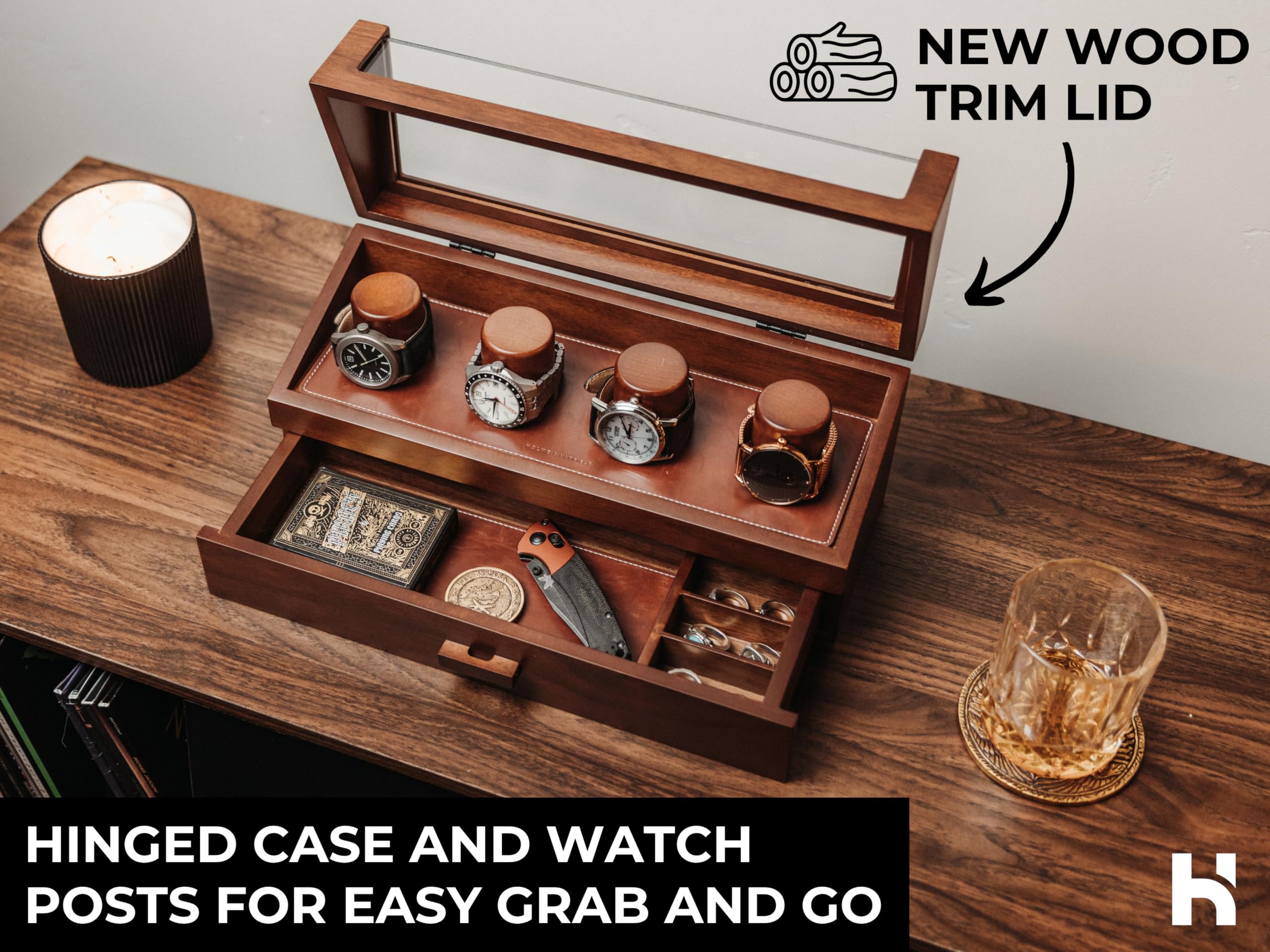 Holme & Hadfield 4 Slot Luxury Watch Display Case with Hinged Cover Drawer product thumbnail 6