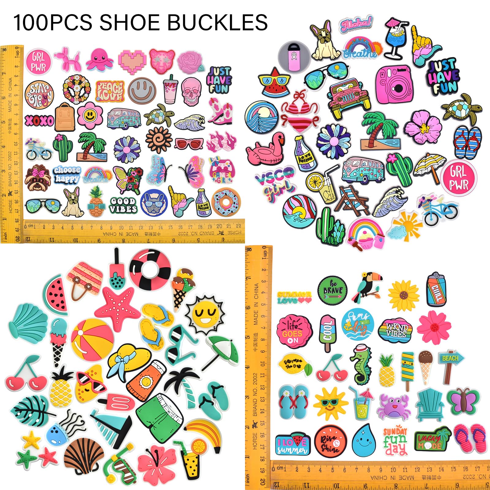 JSTHHTT 100 Piezas Adornos para Zapatos,Dijes de Zapatos de Playa Frescos de Verano, Pins Decorativos de Dibujos Animados, Adornos de Zapatos Unisex, Decoración de zapatos para Adultos, Niños y Niñas