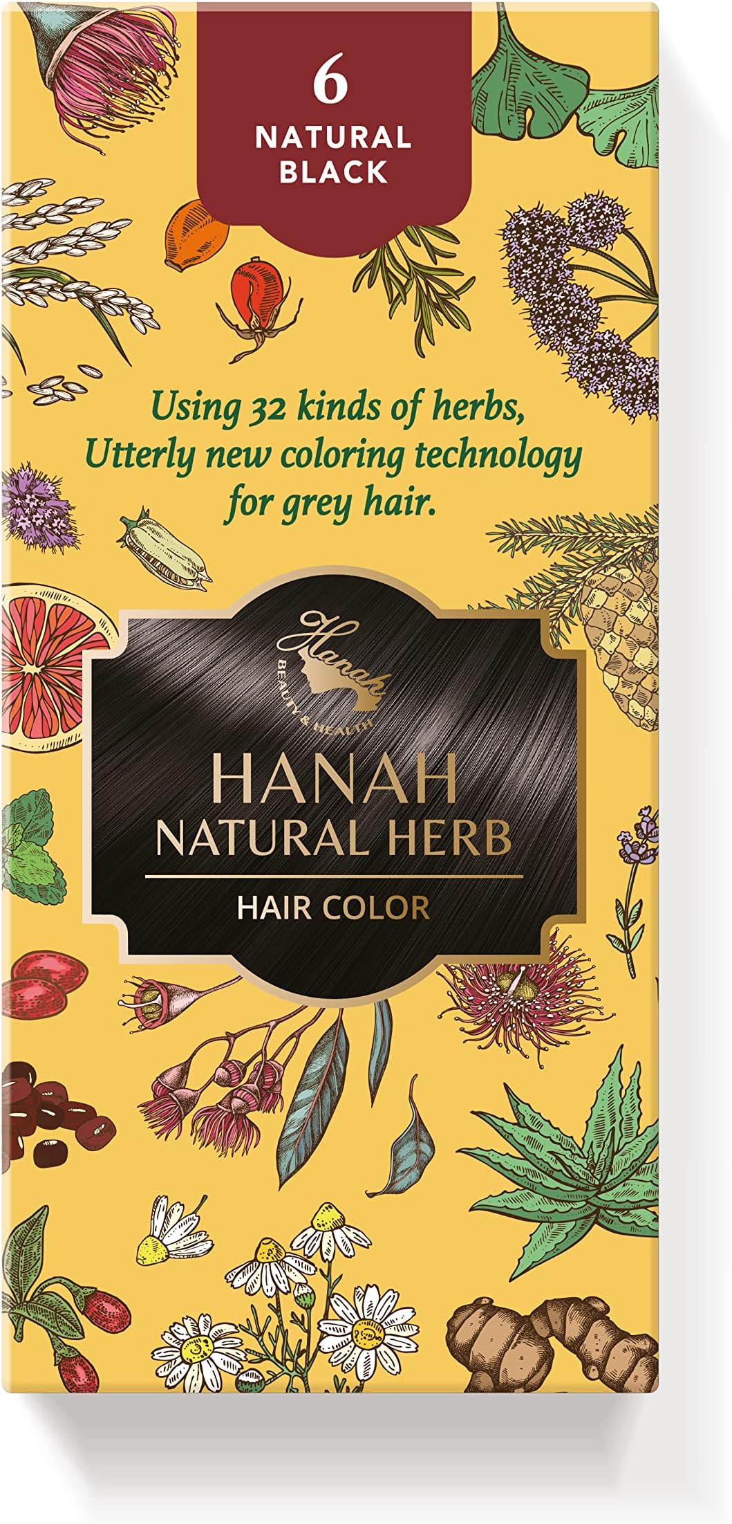 Hanah Natural Herbs Permanent Hair Color - 100% Gray Coverage (Natural Black)