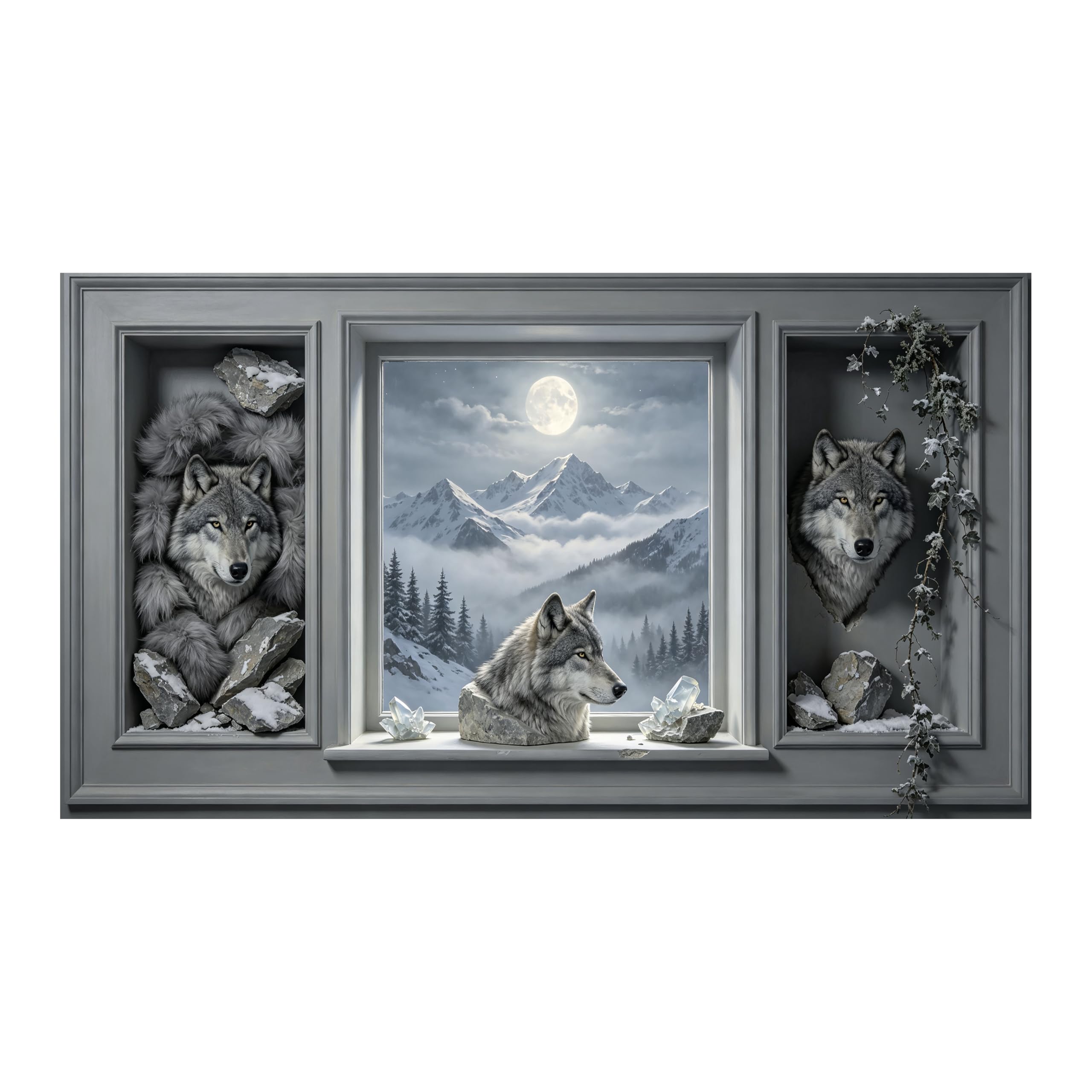 Yzpallescene 3D Framed Wall Art Nordic Wolf Moonlit Mountain Wilderness Winter Landscape Large Size SelfAdhesive Removable Wall Decor Prints Artwork for Living Room Bedroom Office