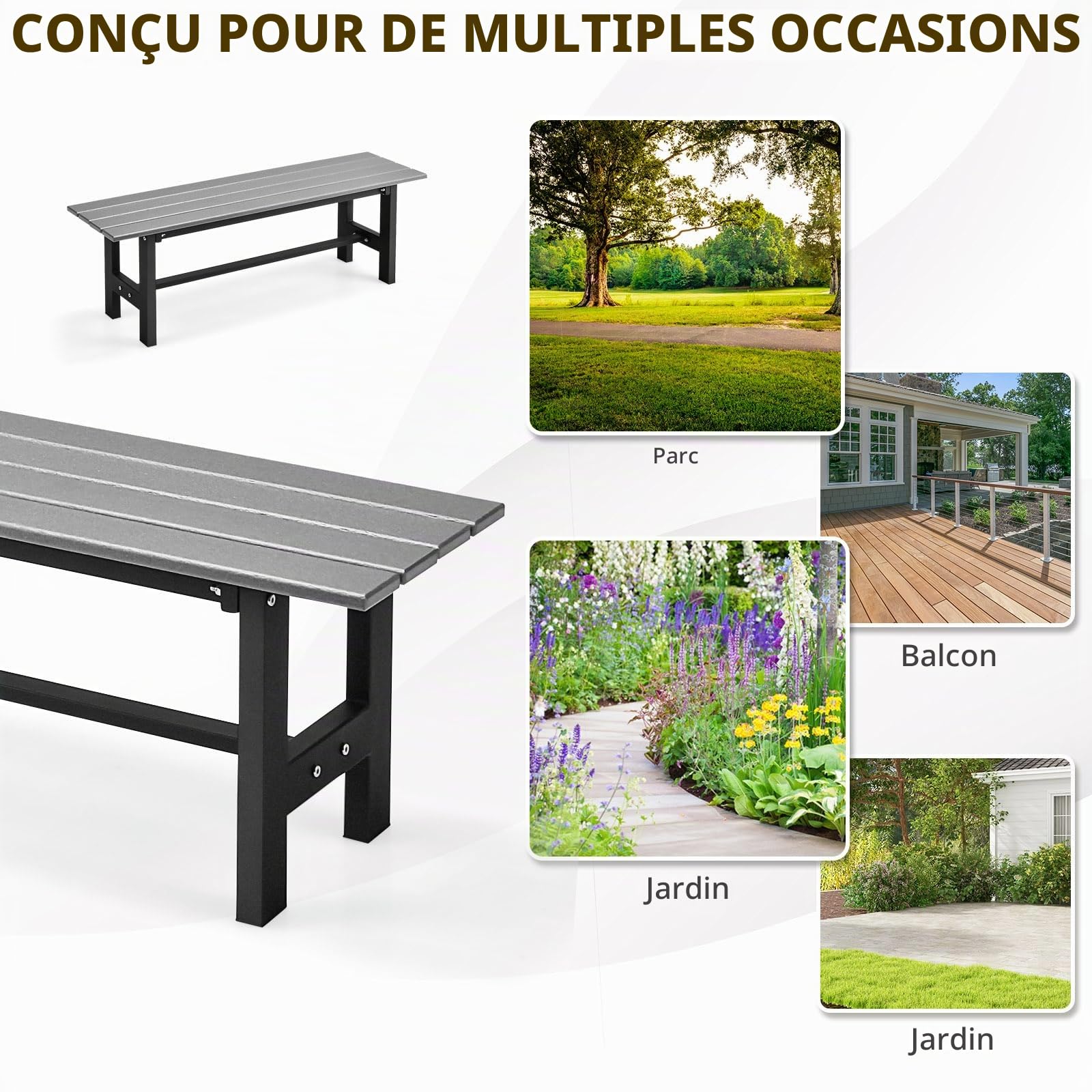 KOMFOTTEU Banc Jardin, Métal + HDPE, 2-3 Personnes, 120×36×40,5cm, Gris