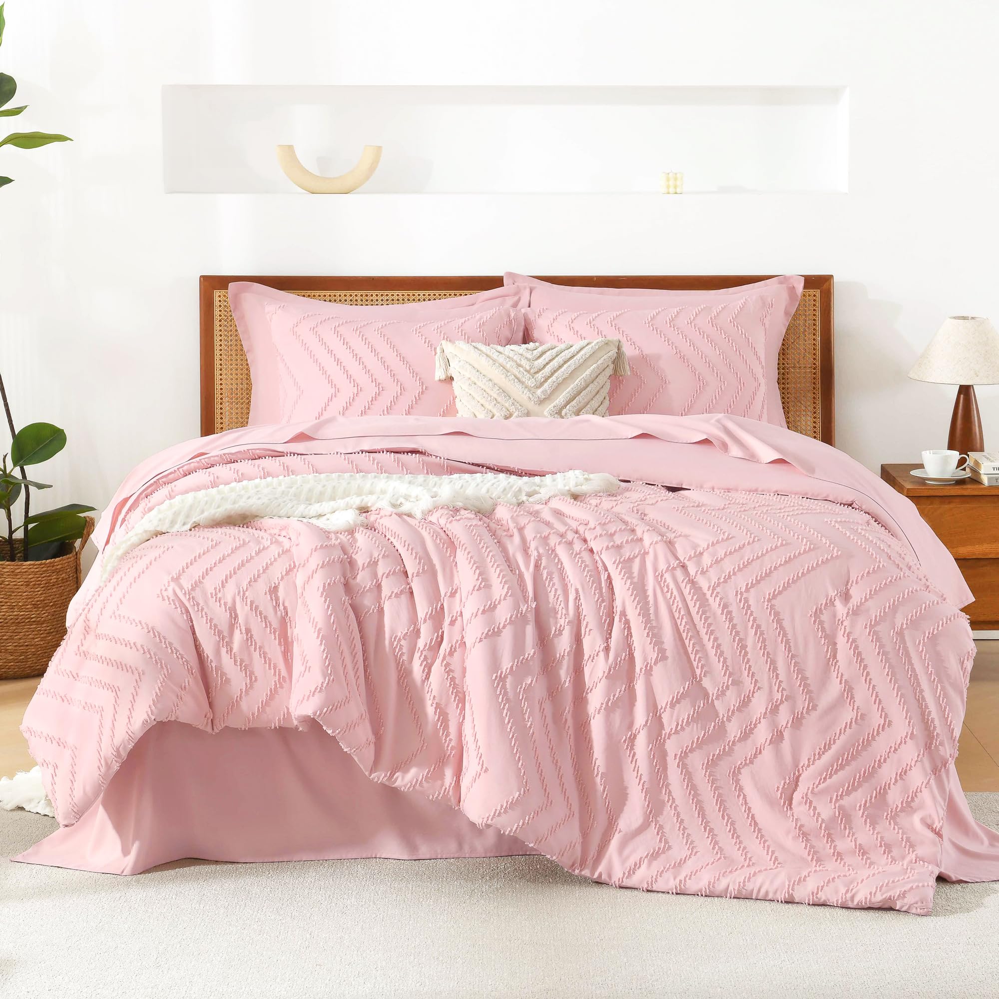 Litanika Pink Queen Size Comforter Set with Sheets - 7 Pieces Bed in a Bag Queen Boho Tufted Complete Bedding Sets with Comforter, Sheets, Pillowcases &amp; Shams