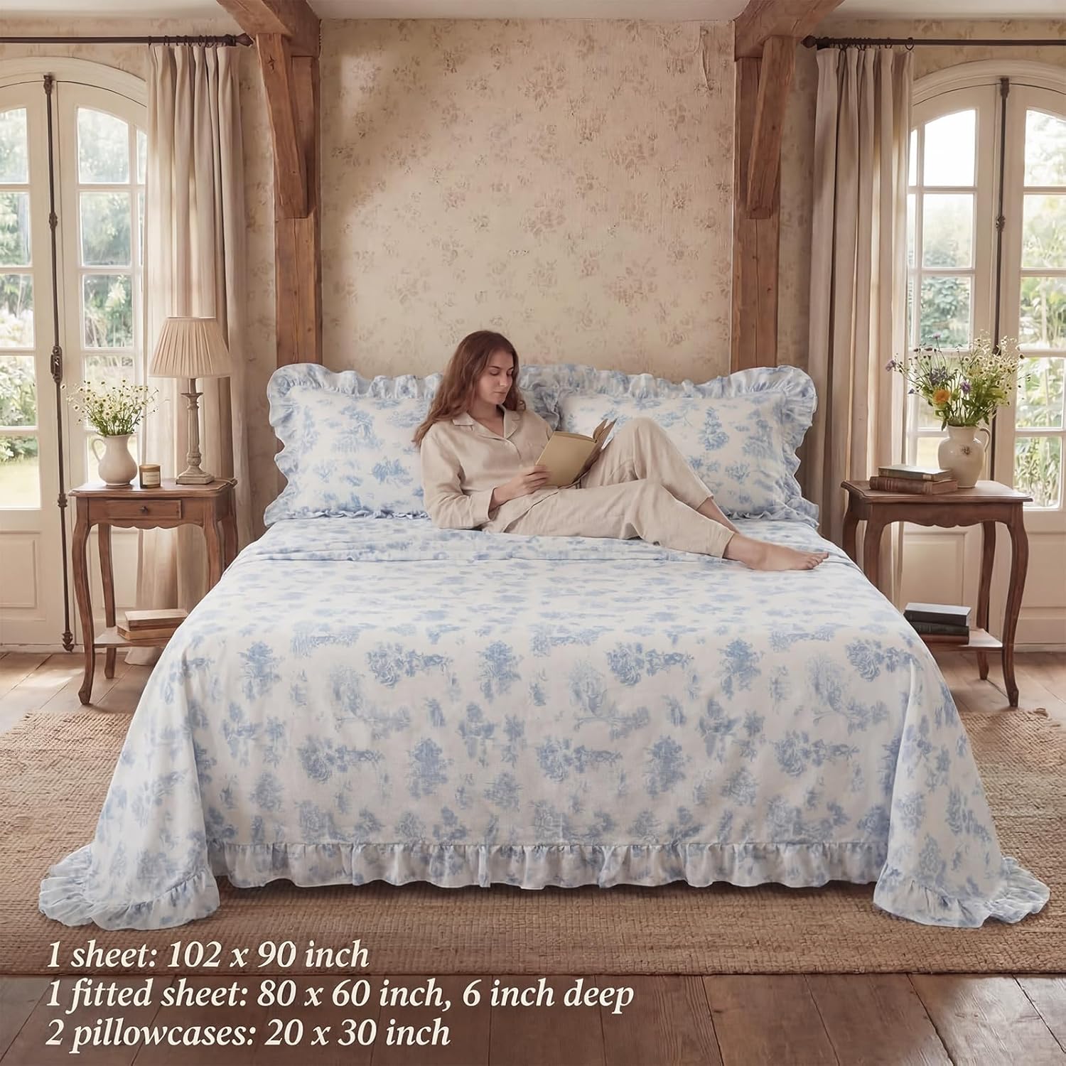 4 Pcs Blue Floral Ruffled Sheet Set Queen Size Bed Sheets French Country Bedding Vintage Farmhouse Floral Sheet Set Home Bedroom Decor