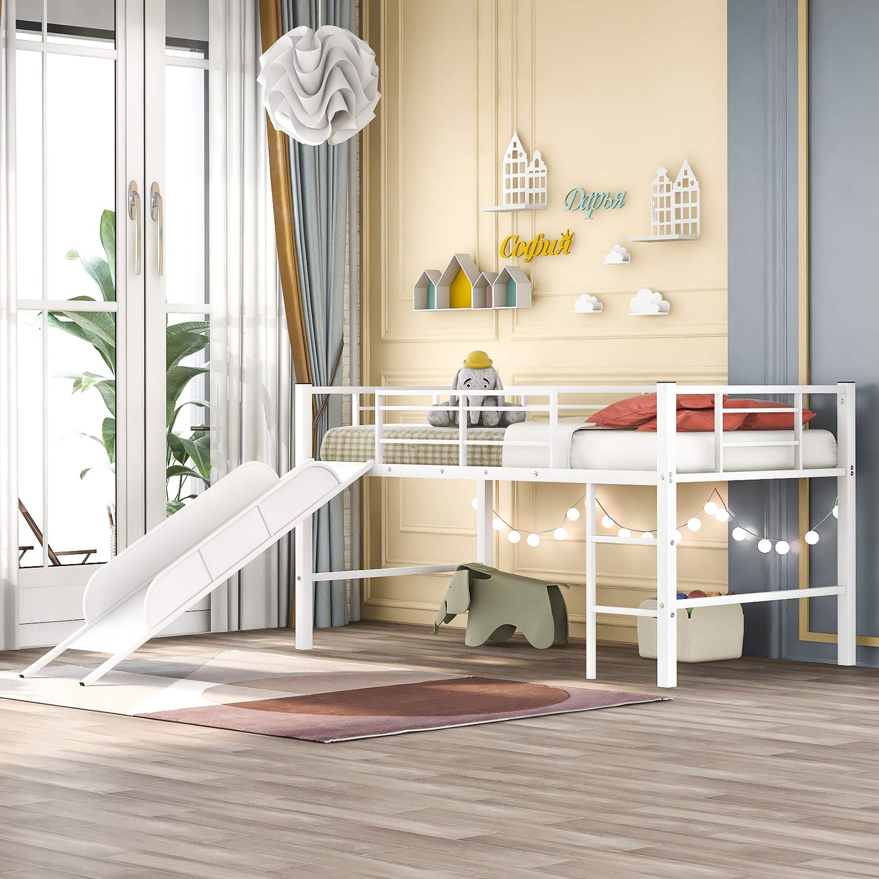 P PURLOVE Metal Loft Bed with Slide Low Twin Loft Bed Frame for Kids No Box Spring Needed (White)