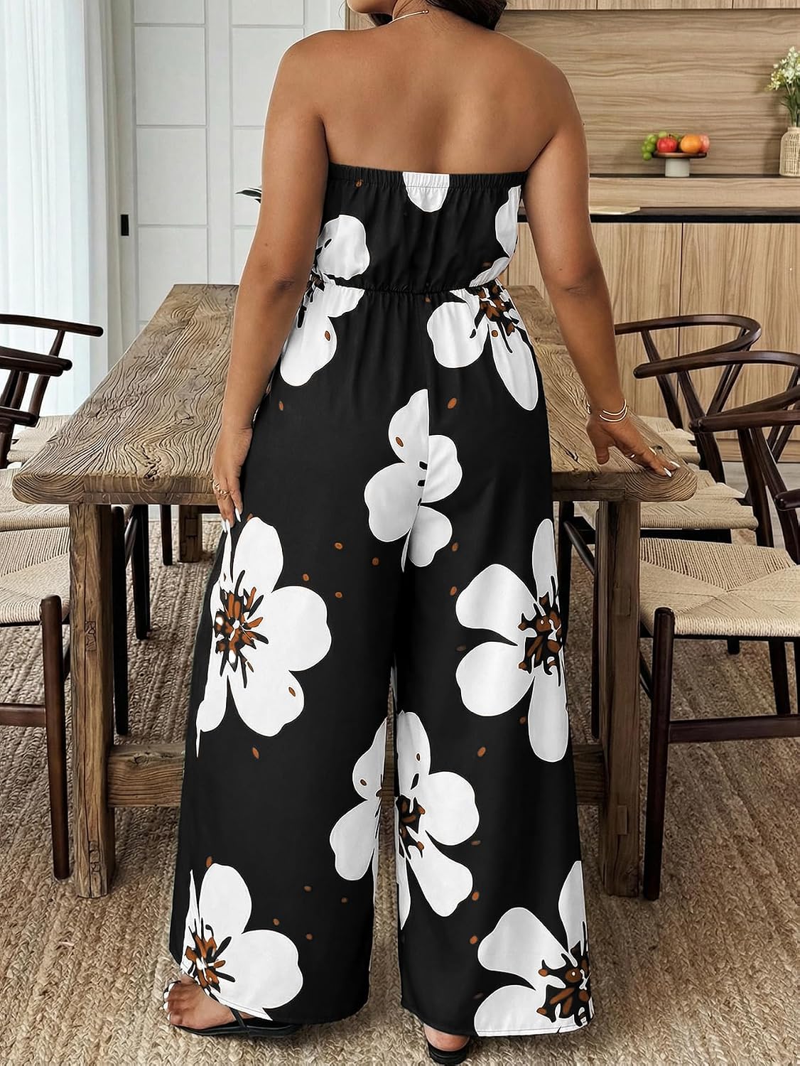OYOANGLE Women's Plus Size Jumpsuit Floral Strapless Romper Off Shoulder Wide Leg Jumpsuits Beach Vacation Summer Outfits