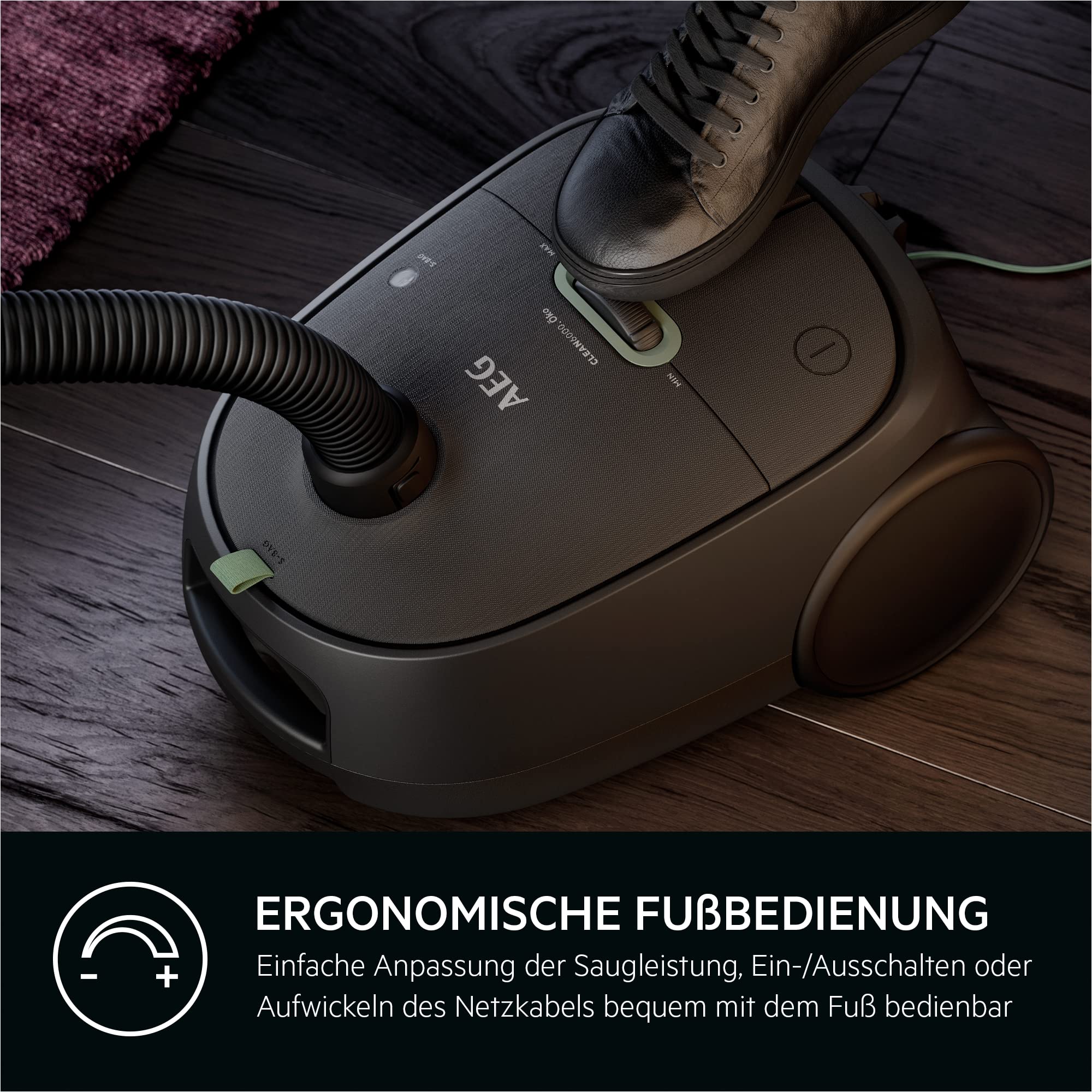AEG CLEAN 6000 ÖKO Staubsauger mit Beutel, Hohe Saugleistung, Zusatzdüsen, XL-Räder, Edelstahl-Teleskoprohr, aus 65% Recyclingmaterial, 12 m Kabel, 850 Watt, Zubehör, Grau, AB61C1OKO