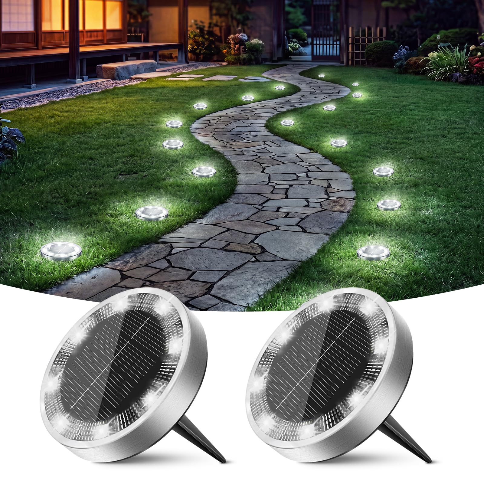 Peasur Solar Ground Lights Outdoor, 2 Pack Flat Solar Powered Disc Lights, IP68 Waterproof, Anti-Rust, Landscape Lighting for Pathway Garden Yard Lawn Walkway Landscape Driveway, Mini, Cool White