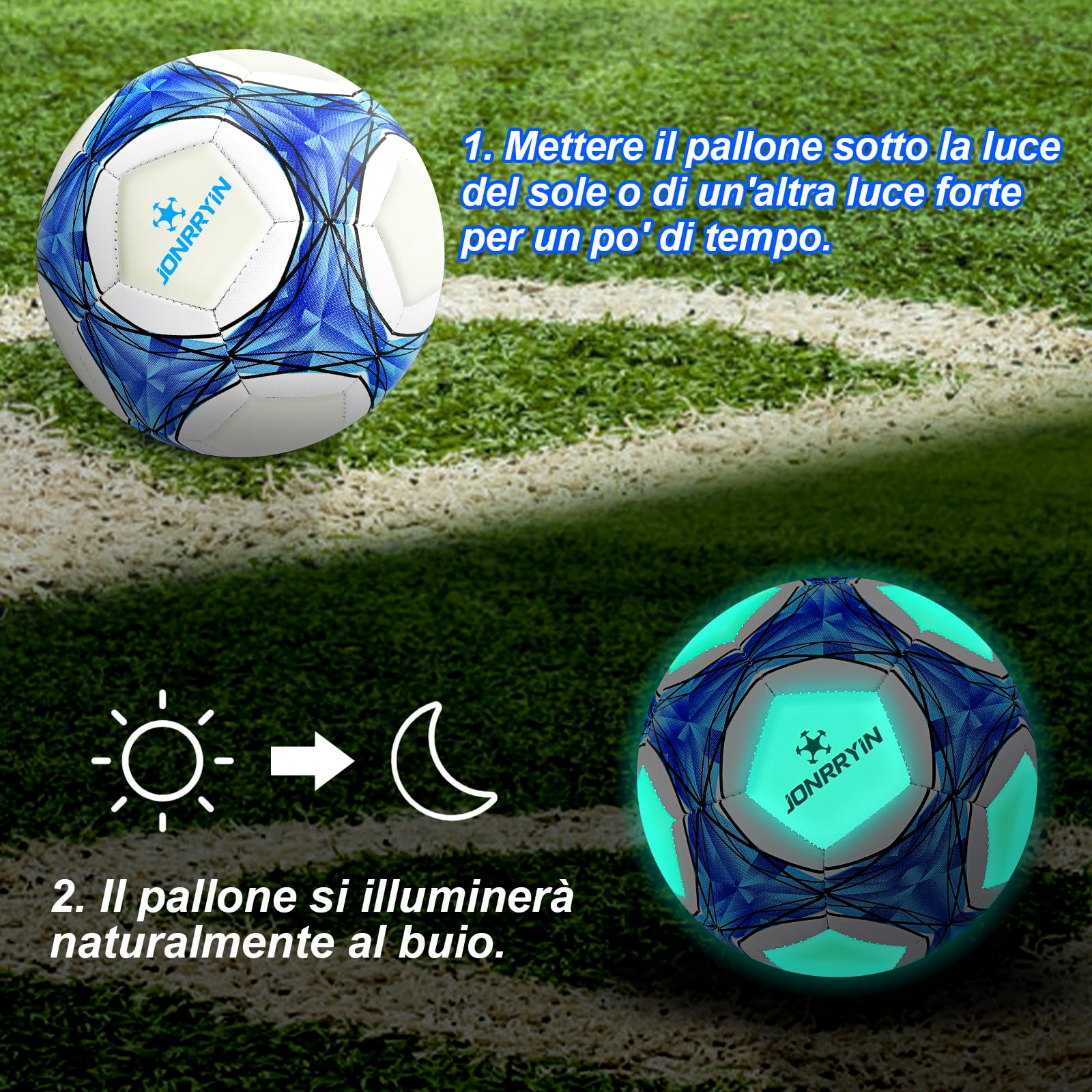 JONRRYIN Pallone Calcio Bambino, Size 5 pallone da Calcio Bagliore al Buio, Palloni Calcio Misura 5 con Zaino e Borsa a Rete Pompa, Pallone da Calcio a Fluorescenza per Allenamenti e Giochi