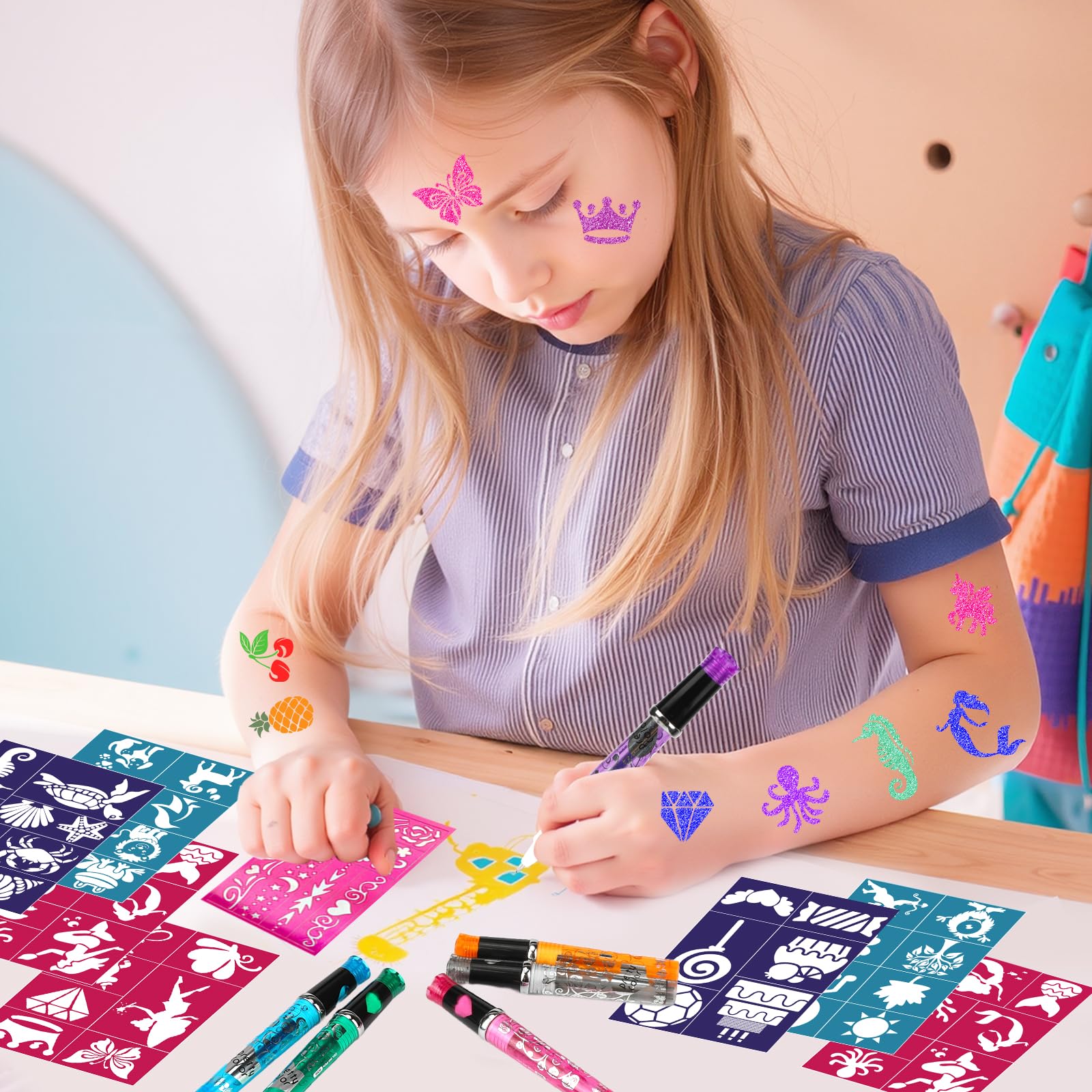 HOWAF 6 Rotuladores Tatuajes Temporales Niños, Rotuladores Purpurina Tatuajes Niños y 110 Plantillas de Tatuaje para Niña Niño Fiesta Navidad Halloween Cumpleaños Regalo Niña 4 5 6 7 8 9 10 años