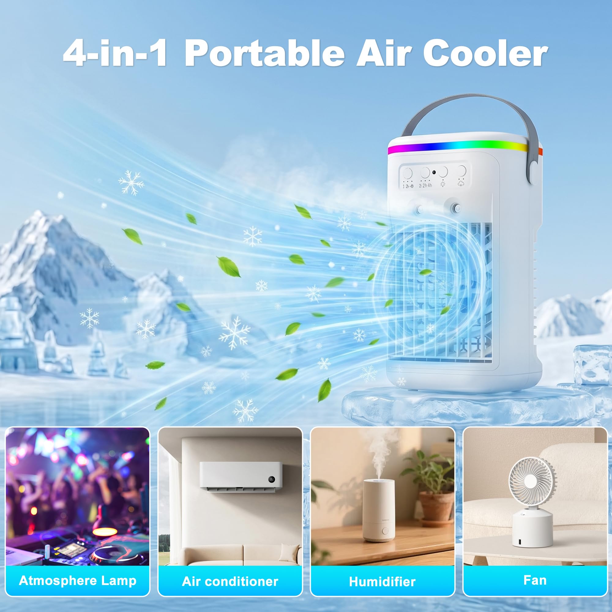Climatiseur Mobile, Mini Rafraîchisseur d’Air Silencieux avec Télécommande, Ventilateur Brumisateur USB, 3 Vitesses, 2 Modes Brume, Minuteur 1H/2H/4H, LED 7 Couleurs, pour Chambre Bureau