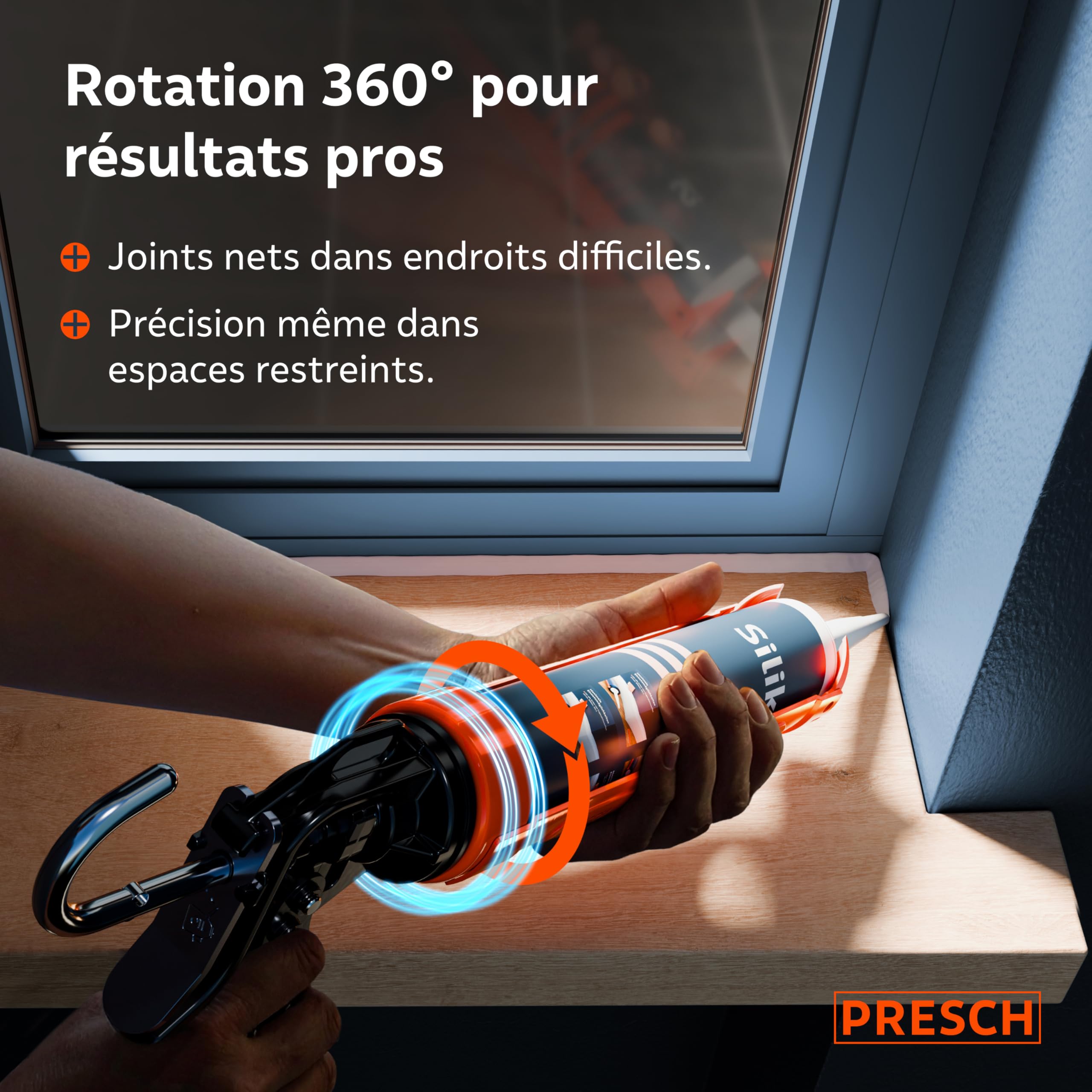 Presch Pistolet silicone 12:1 rapport de poussée anti-goutte – Pistolet à cartouche 310ml pivotement 360° aiguille de perçage