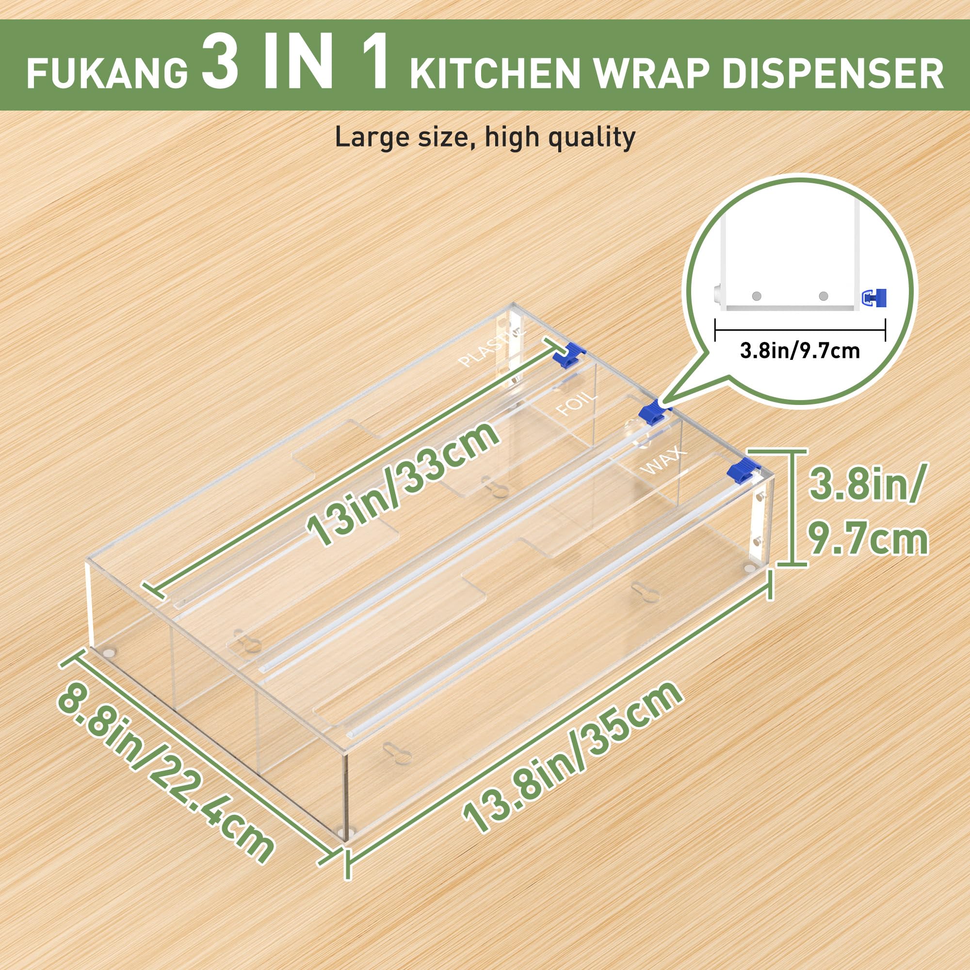 Dispensador de plástico con Cortador y Almohadilla Antideslizante, Organizador 3 en 1 Compatible con Rollo de Papel de Cera y Papel de Cera de 12 Pulgadas, cajones de Cocina, encimera o Montaje en