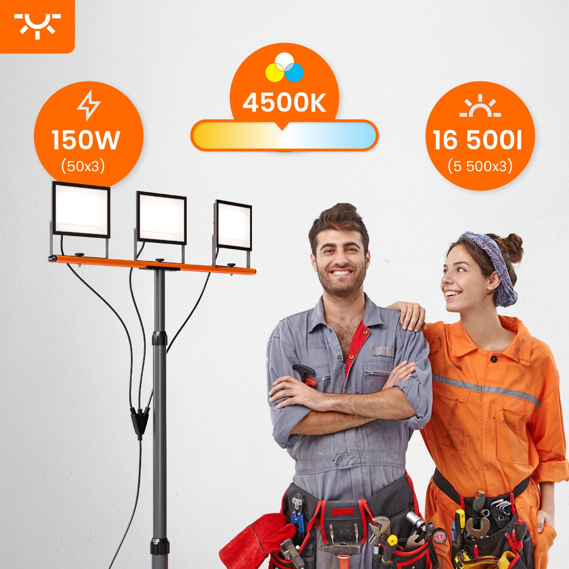 SmartLED Baustrahler Arbeitsstrahler mit Stativ 3x50W, LED Strahler 3x5500 Lumen, 1,60 m Einstellbar Teleskopisch, 360° Grad Drehung, 180 cm Kabel, IP65, kompakt und leicht (3x 50W 16500lm)