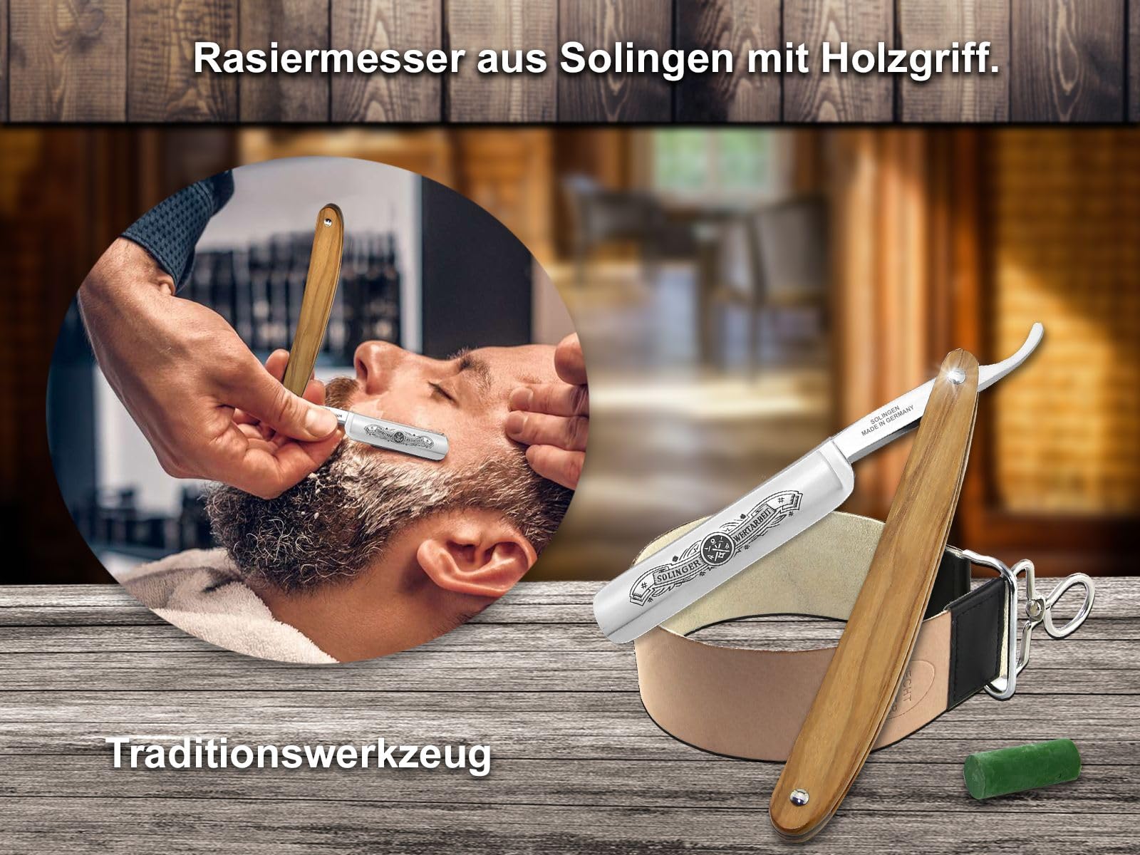 Solingen Rasiermesser-Set Profi Qualität für die sanfte Rasur - Premium Rasiermesser aus Solingen Olivenholz mit Lederriemen und Paste - Komplett Set als Herren Geschenk Set