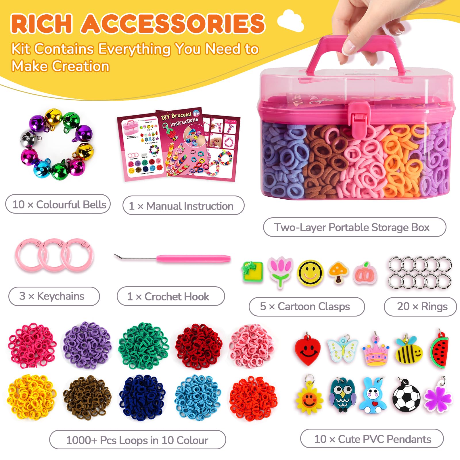 FunzBo Kit Braccialetti Fai da Te con 1000 Elastici in Cotone Morbido, Set Creativo Bambina per Creare Gioielli e Accessori Capelli, Regalo Compleanno Bambini e Giochi Creativi 6-12 Anni