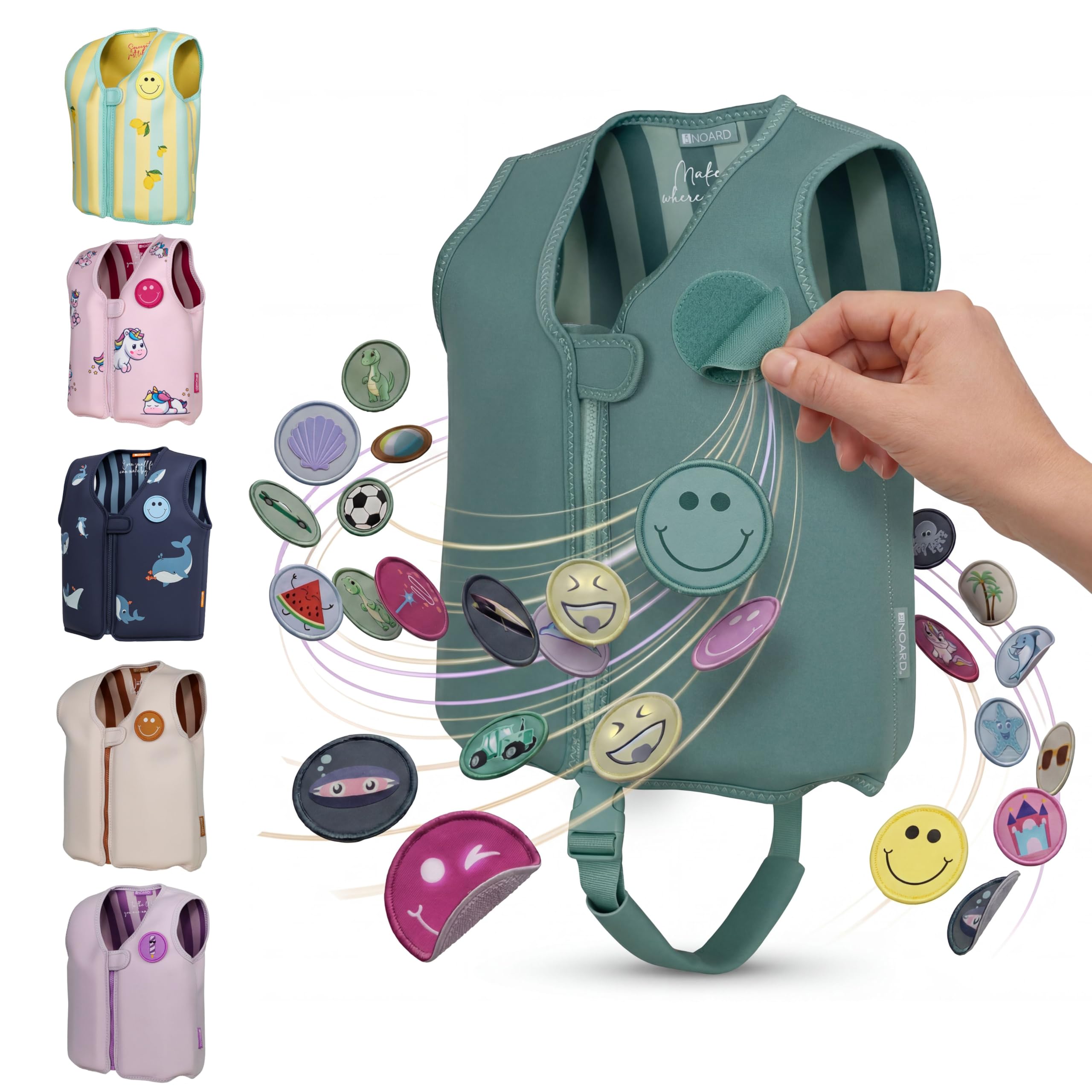NOARD Kinder Schwimmweste (2-6 J. / 15-30 kg) Schwimmhilfe mit Schrittgurt | Wechsel-Patches für hohen Tragespaß | EN 13138-1:2021 | 8 herausnehmbare Schwimmkörper | weiches Neopren | Schwimmlernhilfe
