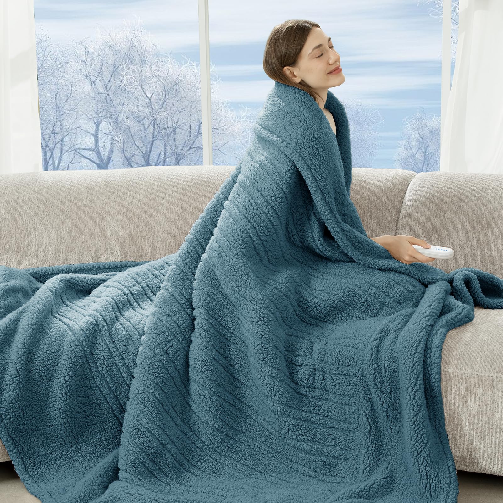 LUZARTA Blue Twin Size 62x84 Soft Sherpa Heated Blanket