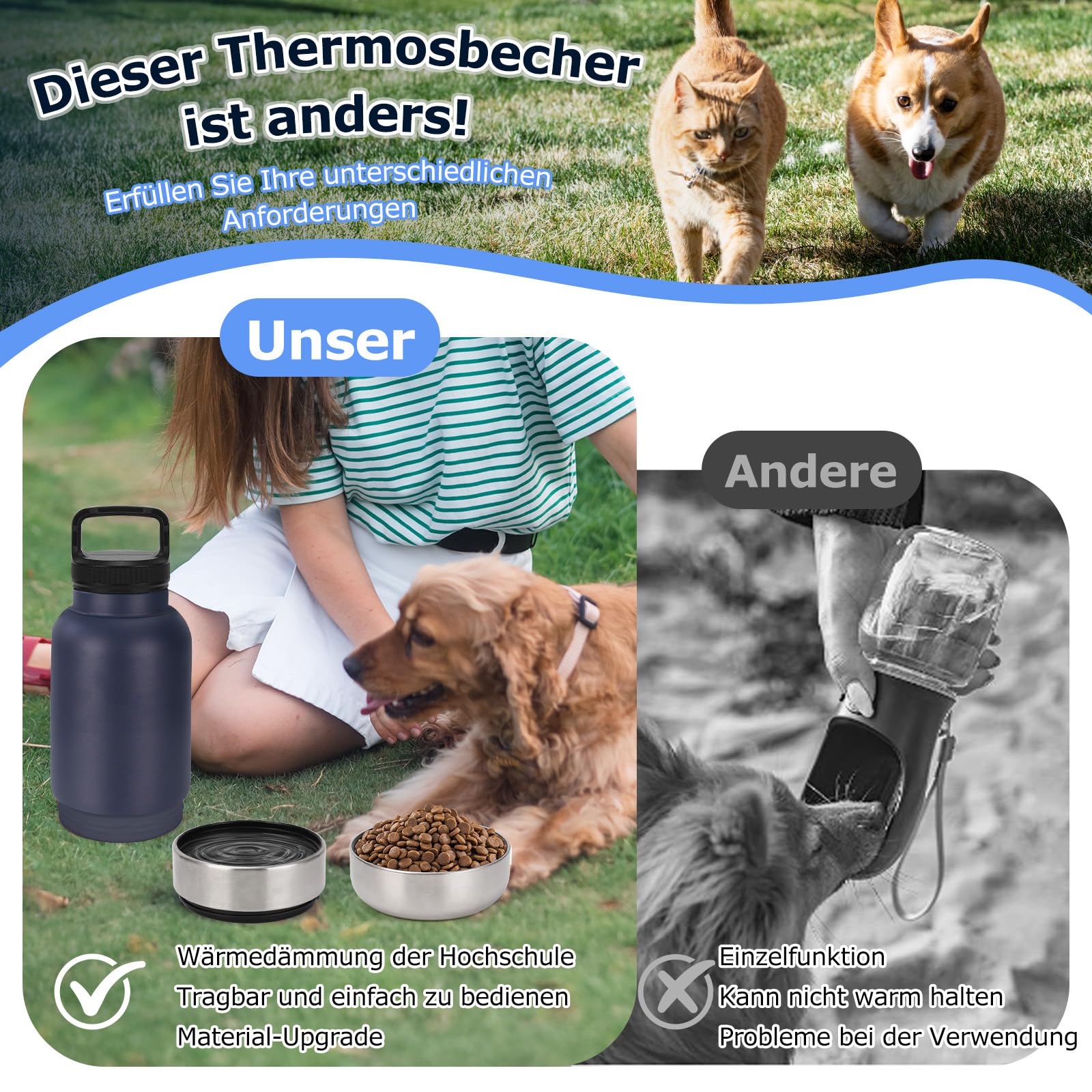 Bottiglia per Cani Isolata, Dispensatore 3in1 in Acciaio Inossidabile – Cierre Anti-Fuoriuscita, 2 Bevederi, Ideale per Viaggi (Nero,1000ml)