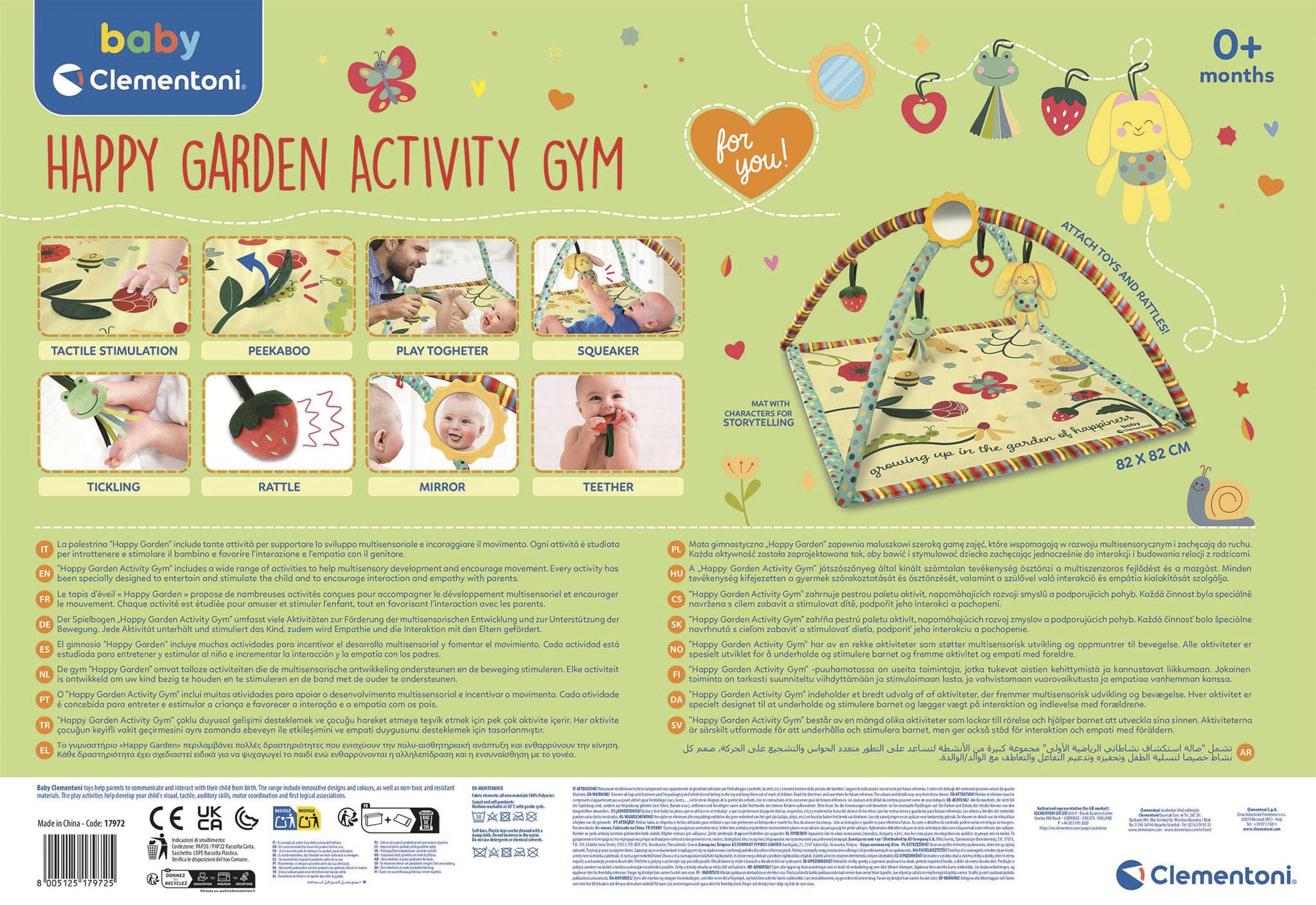 Baby Clementoni - Happy Garden Activity Gym, Palestrina Neonato 0+ Mesi, Stimola lo Sviluppo Sensoriale e Motorio con Suoni e Attività Interattive Divertenti, 17972