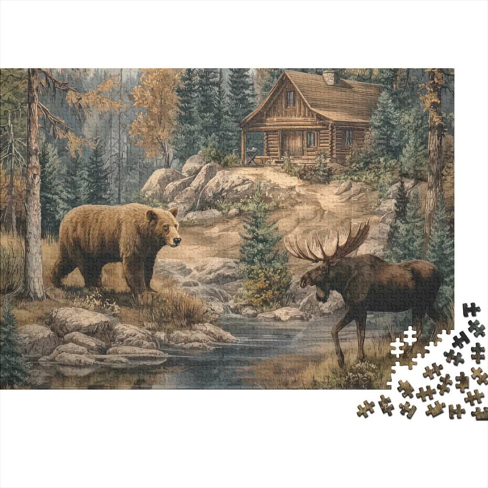 Wildlife Scene Premium Cardboard 1000 Piece Forest Cabin Style Puzzle Set, Educational Challenge Adults/Teens, Stress Relief, Gift for Seniors/Teens 52x38cm/1000pcs — image 1