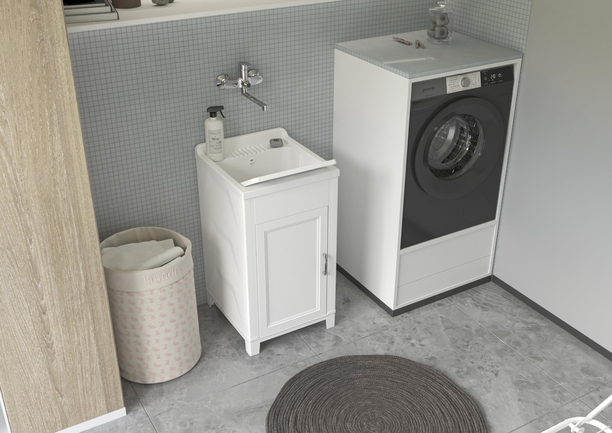 Adventa: Mobile lavatoio in resina di PP, Facile da montare, Vasca Resistente agli acidi di uso comune, Lavanderia, Garage, Esterno, 45L x 50P x 85H cm, Bianco
