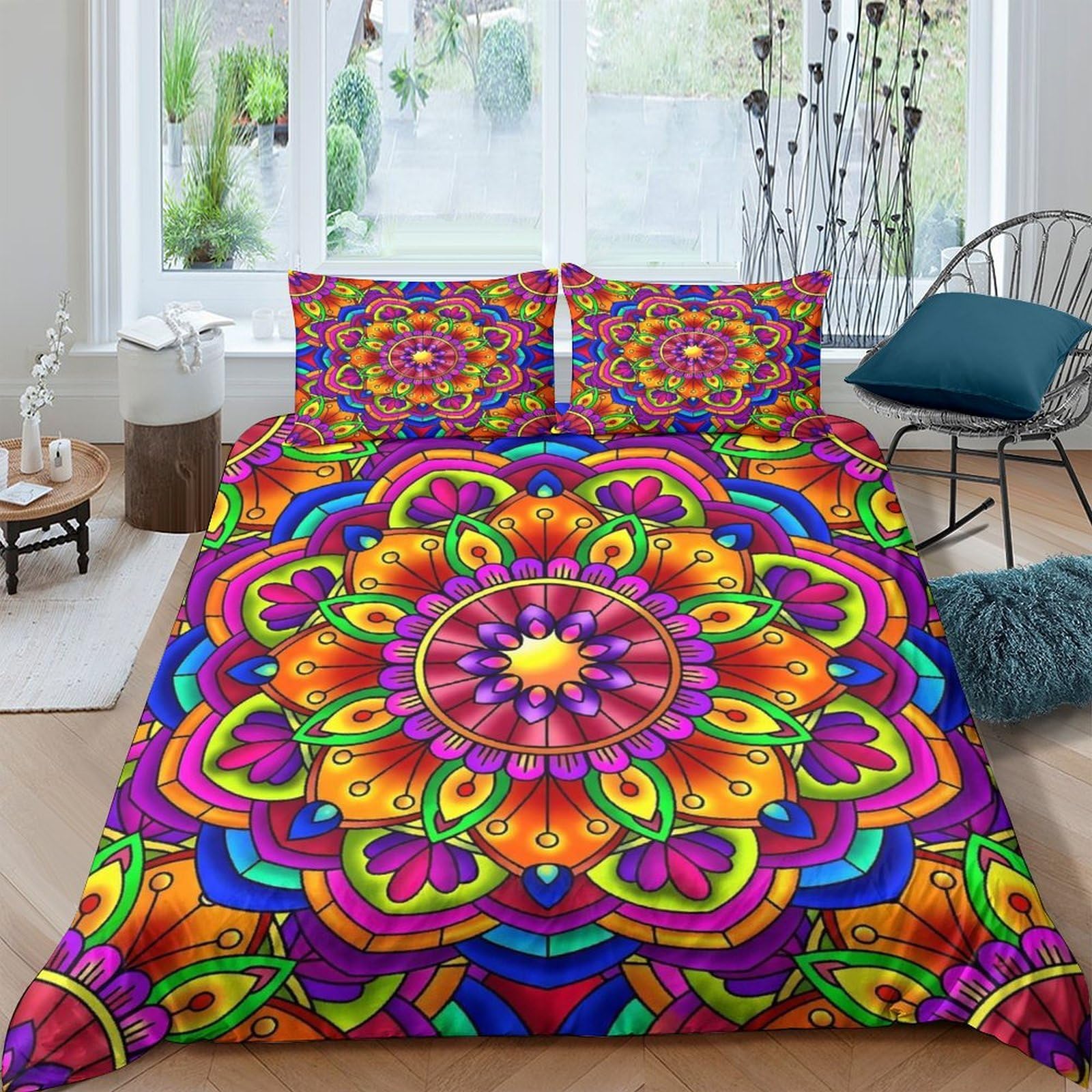 Housse de couette parure de lit 200x200 en microfibres à motif mandala 3 pièces