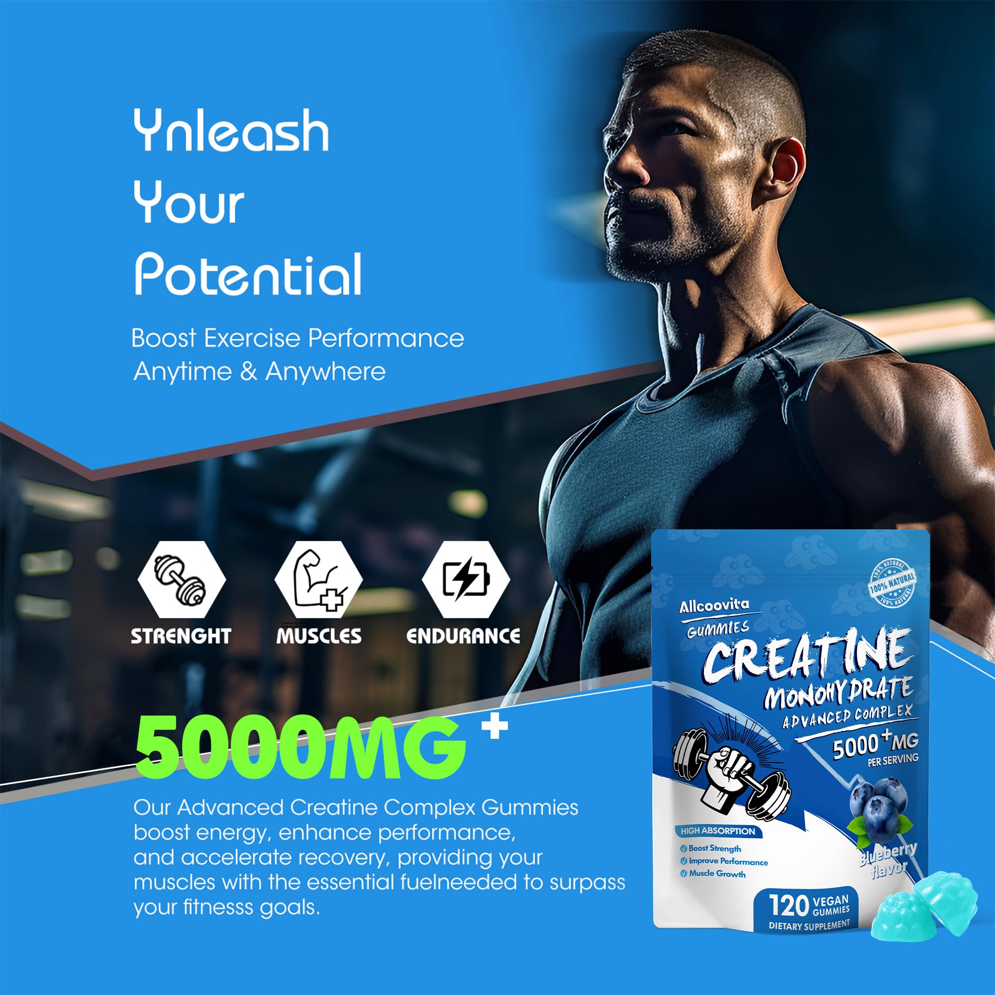 NSF Certified Creatine Gummy - Creatine Monohydrate Gummies 5000mg for Men & Women -120 Gummies Advanced Formula, Muscle Strength, Muscle Builder, Energy Boost, Pre-Workout Supplement-Blueberry — Amazon image 4