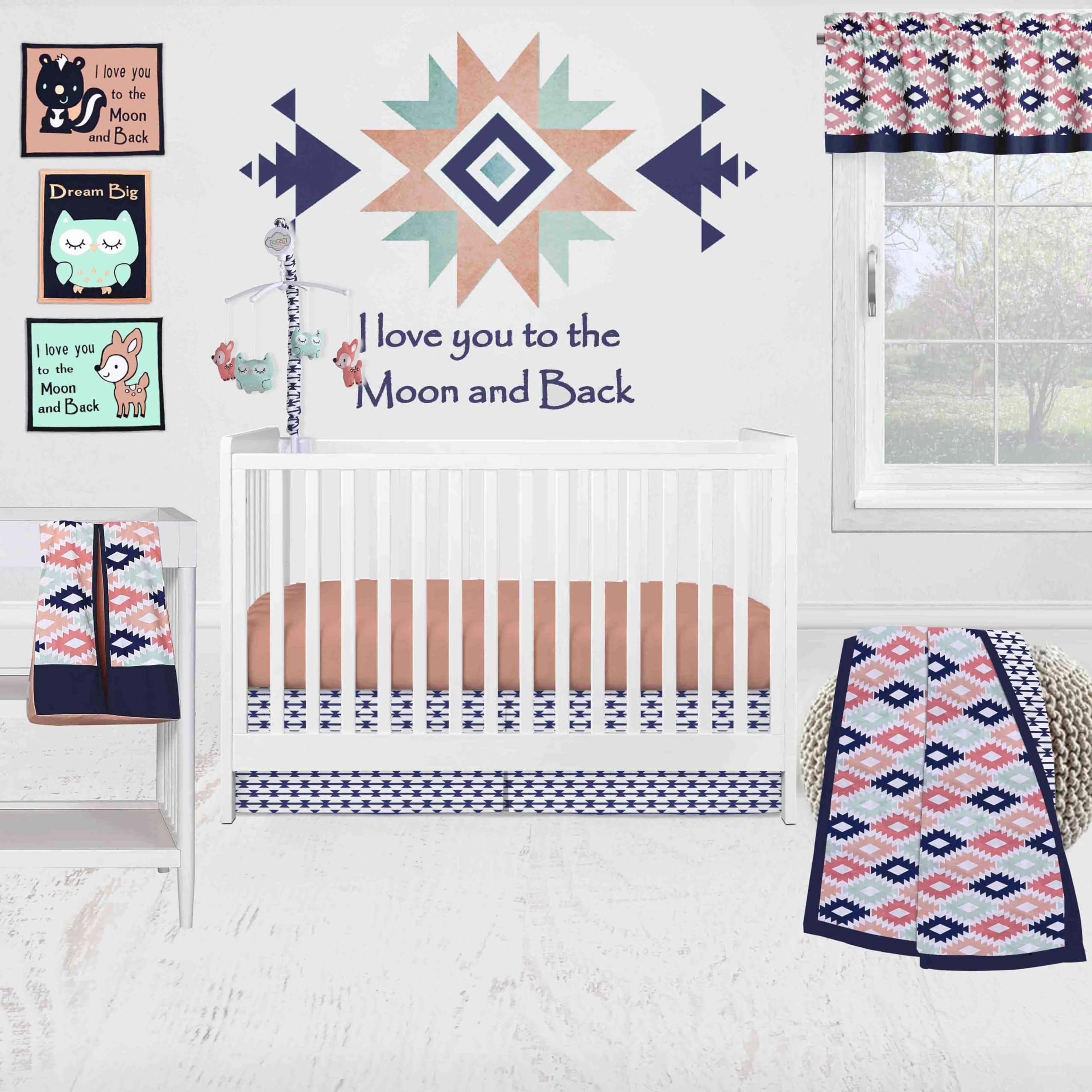 Bacati - Aztec Emma Coral Mint Navy 10 pc Crib Bedding Set with 2 Crib Fitted Sheets