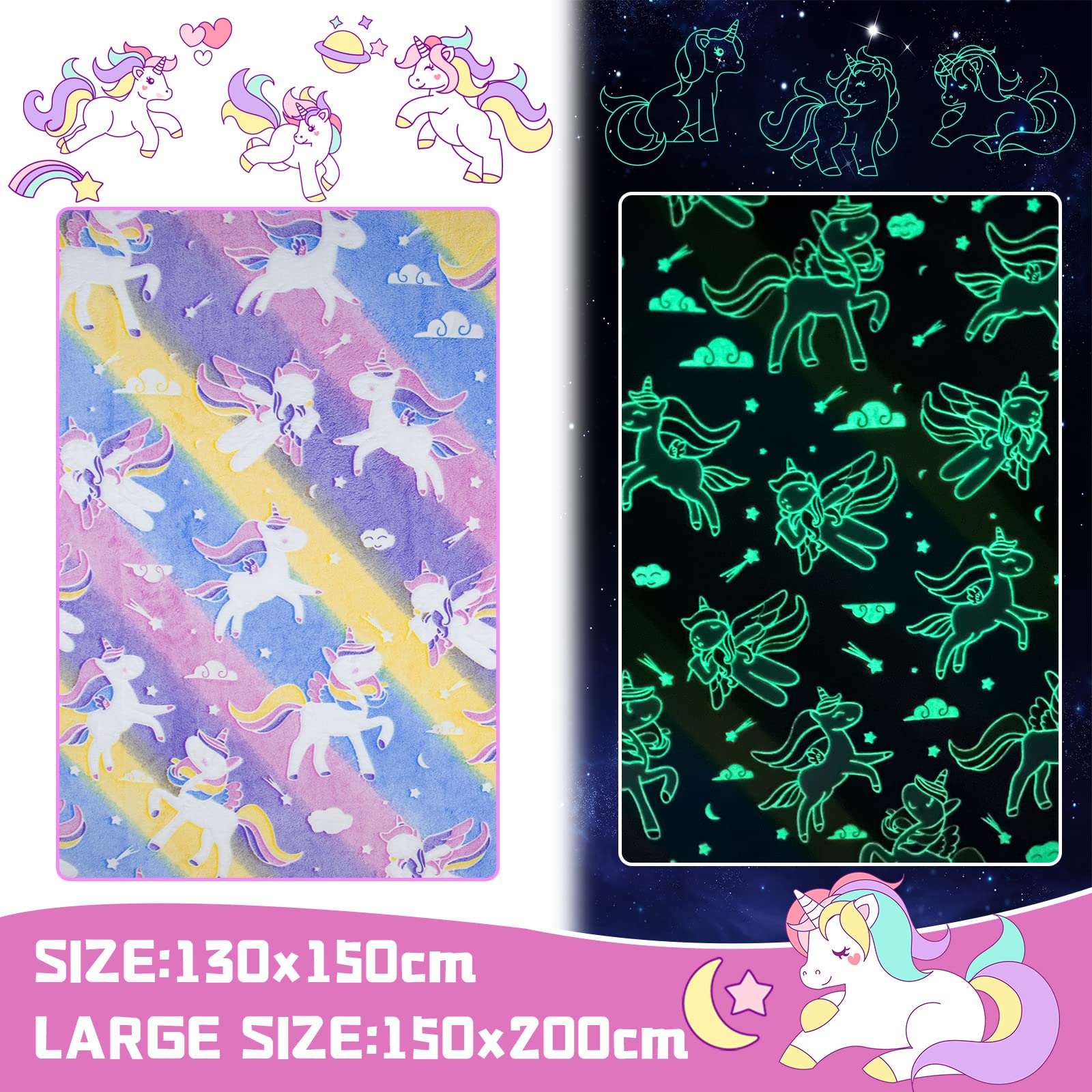 HSGLGNA Coperta per bambini, con unicorno, luce al buio, morbida coperta in flanella, per ragazzi e ragazze, divano (unicorno 03, 150 x 200 cm)