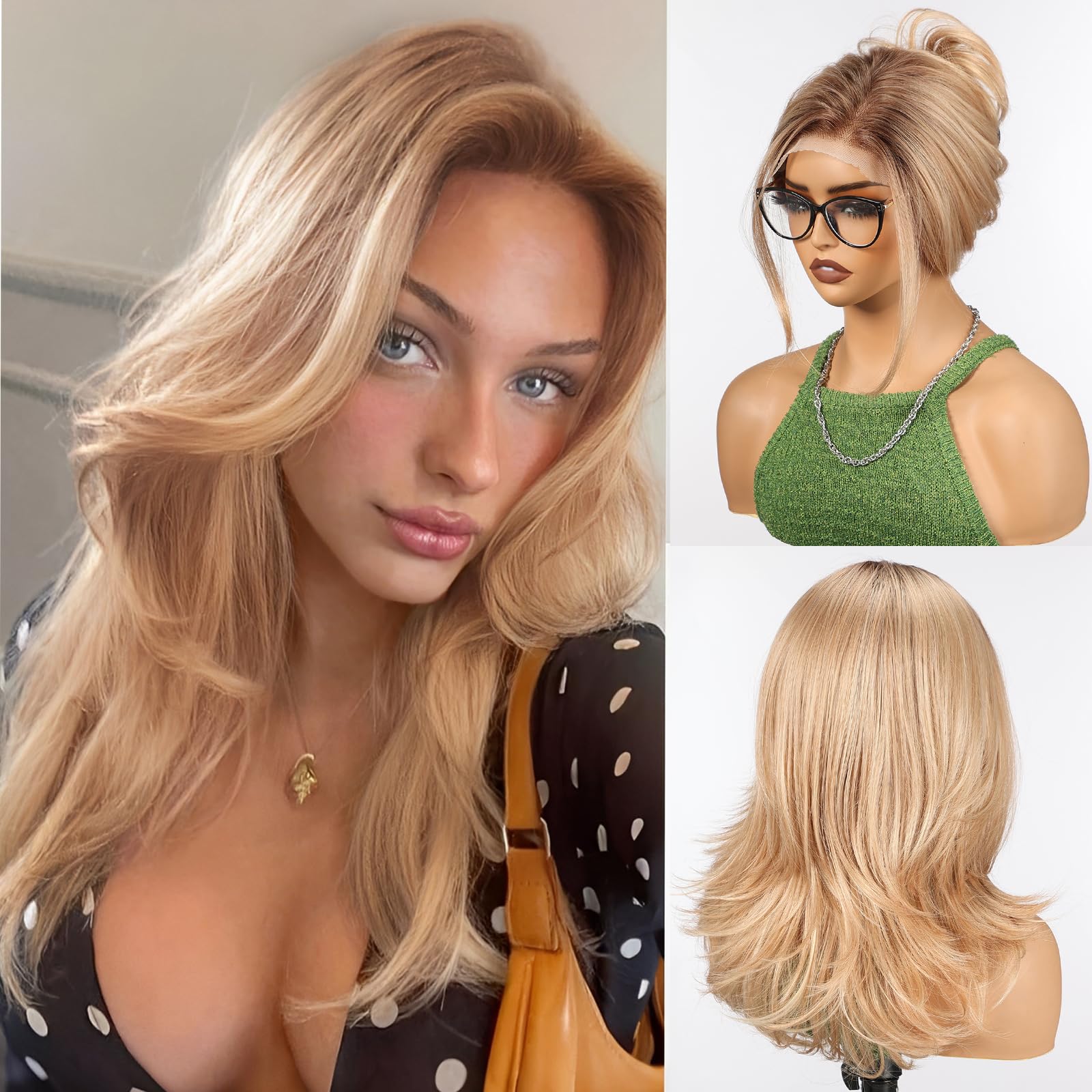 HAIRCUBE Long Wavy Wigs for Women with Partial Bangs, Heat Resistant Fibre Synthetic Lace Front Wig Blonde Color