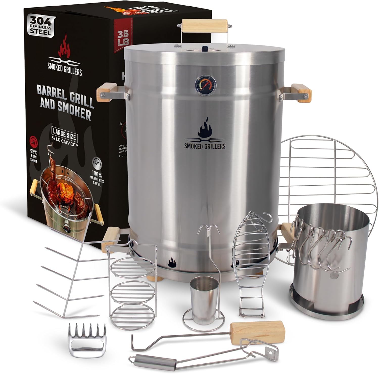 Barrel Smoker Grill Combo | 100% 304 Stainless Steel Barrel | 95% Less Smoke, Even Heat | Easy to Use & Clean – Vertical Smoker Ideal for Balconies and Backyards (LARGE-35 LBS)