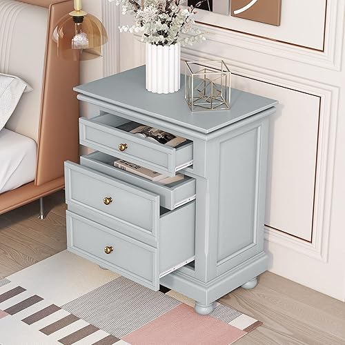 Miniatura 3 de Mesita de noche de almacenamiento de madera con 3 cajones, mesa auxiliar con bandeja extraíble, cómoda pequeña de madera moderna para pasillo sala