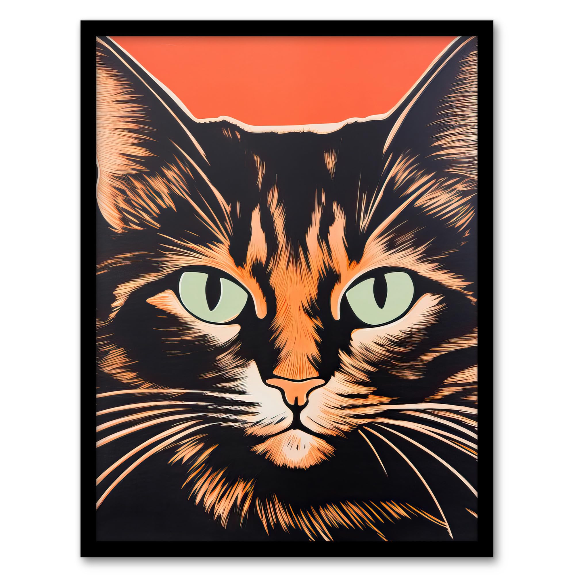 Artery8 Tortoiseshell Cat Screen Print Risograph Artwork Spot Block Colour Duotone Orange Retro Riso Interior Design Artwork Framed Wall Art Print 18X24 Inch