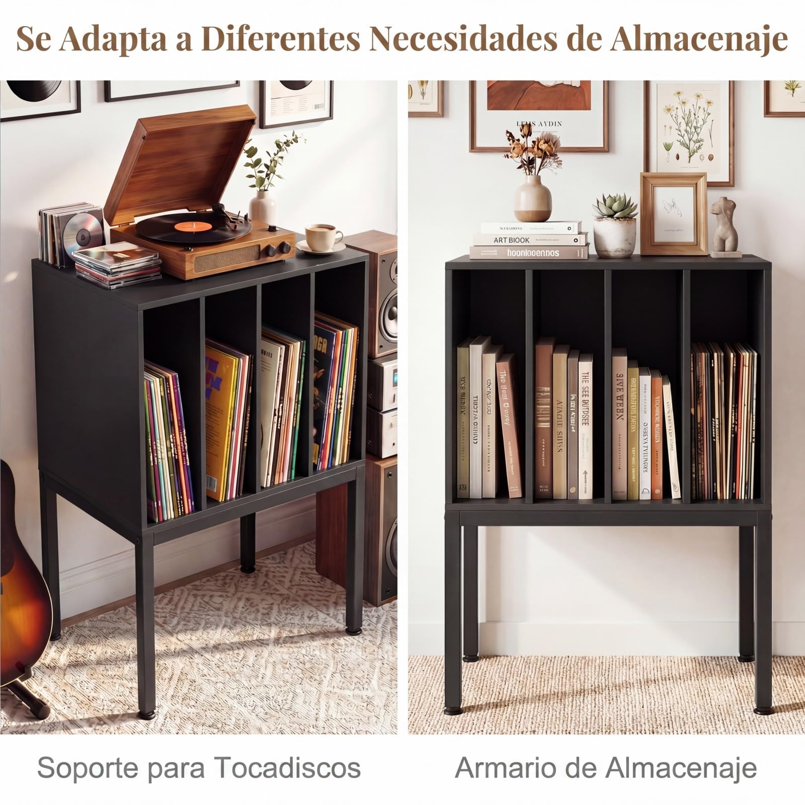 COSTWAY Mueble para Tocadiscos con Estación de Carga, Mesa para Tocadiscos con 4 Compartimentos Abiertos para Vinilos, Patas Metálicas, Mesa Auxiliar para Discos y Álbumes, Salón, Oficina (Negro)