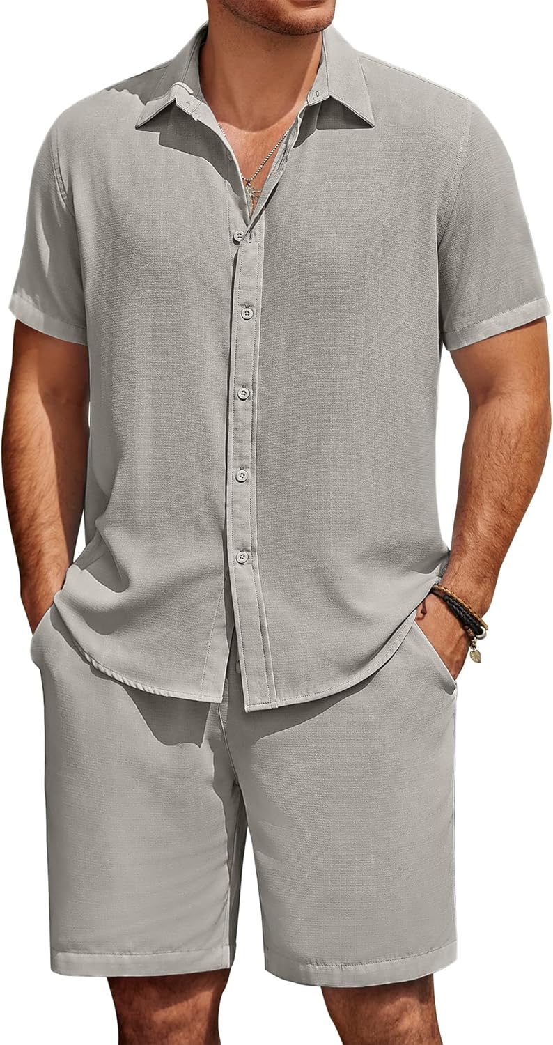 COOFANDY Mens Summer Beach 2 Piece Outfits Casual Vacation Cotton Linen Yoga Matching Set Short Sleeve Shirt and Shorts COOFANDY Mens Summer Beach 2 Piece Outfits Casual Vacation Cotton Linen Yoga Matching Set Short Sleeve Shirt and Shorts