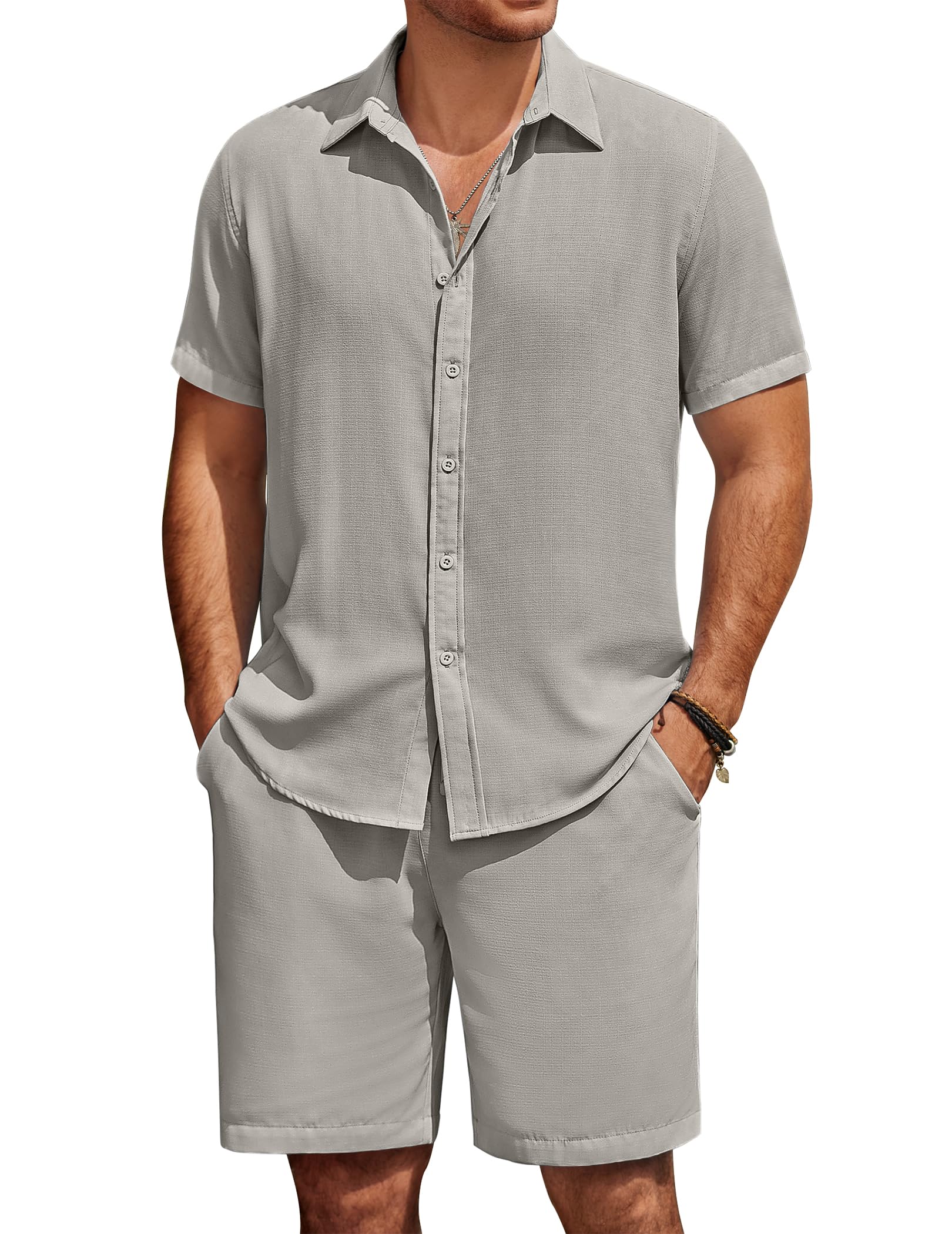 COOFANDY Mens Summer Beach 2 Piece Outfits Casual Vacation Cotton Linen Yoga Matching Set Short Sleeve Shirt and Shorts
