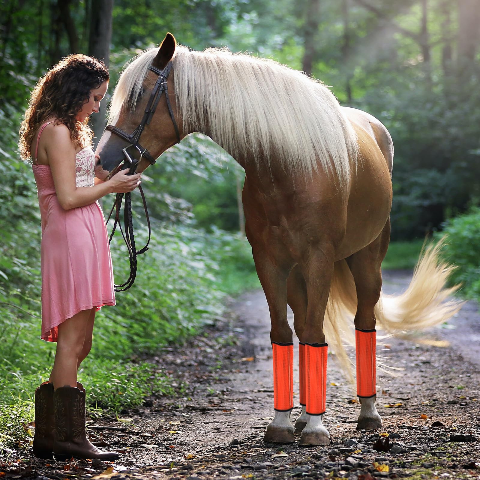 SAVITA 4 Piezas de Botas para Caballo, Botas Antimoscas de Malla Fina Transpirable para Caballos Botas Antideslizantes para Caballos Cascos Antipicaduras de Moscas Horse Accessories(Naranja)