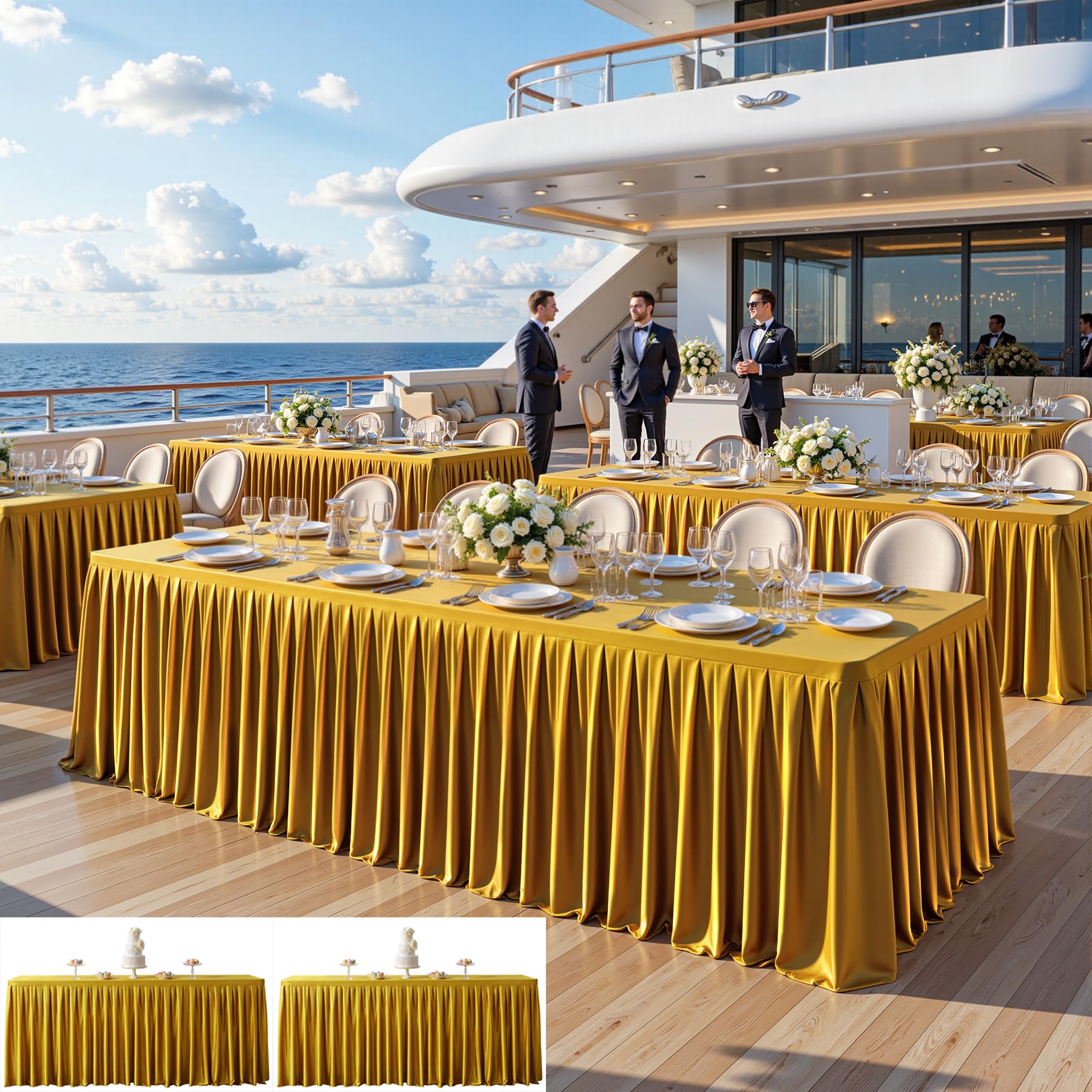 Photo 1 of 2 Pack 6FT Gold Satin Tablecloths for Rectangle Tables Spandex Table Cover