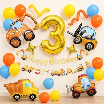 Digger Birthday Decoration 3 Years, Construction Site Children's Birthday Decoration Balloon with Happy Birthday Banner, Digg