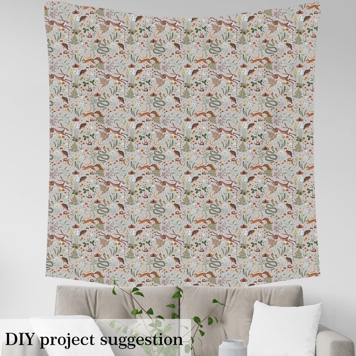 Cute Rabbit Owl Fabric by The Yard Watercolor Green Leaves Red Mushroom Fabric for Kids Sewing Supplies Wild Animals Rustic Jungle Style Fabric for Room Decor and DIY Upholstery 1 Yard - Image 4