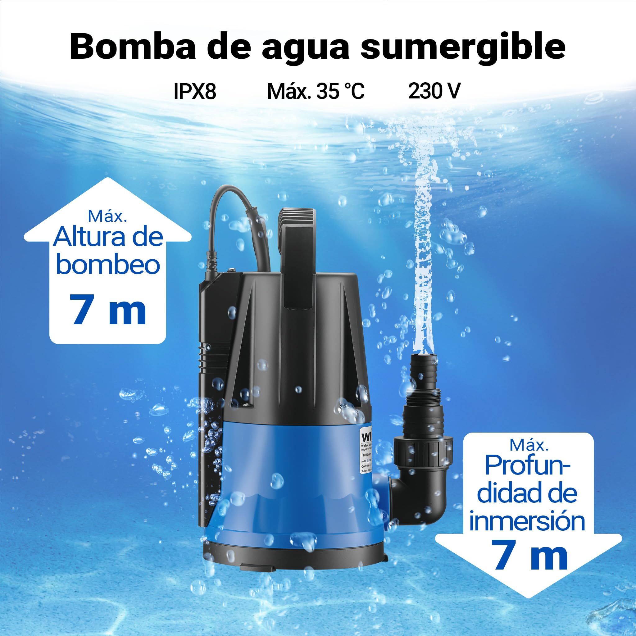 Wiltec Bomba de agua sumergible de aspiración plana 400 W aguas residuales hasta 1 mm caudal máx. 6000 l/h, altura máx. 7 m, profundidad máx. 7 m sensor de nivel de agua