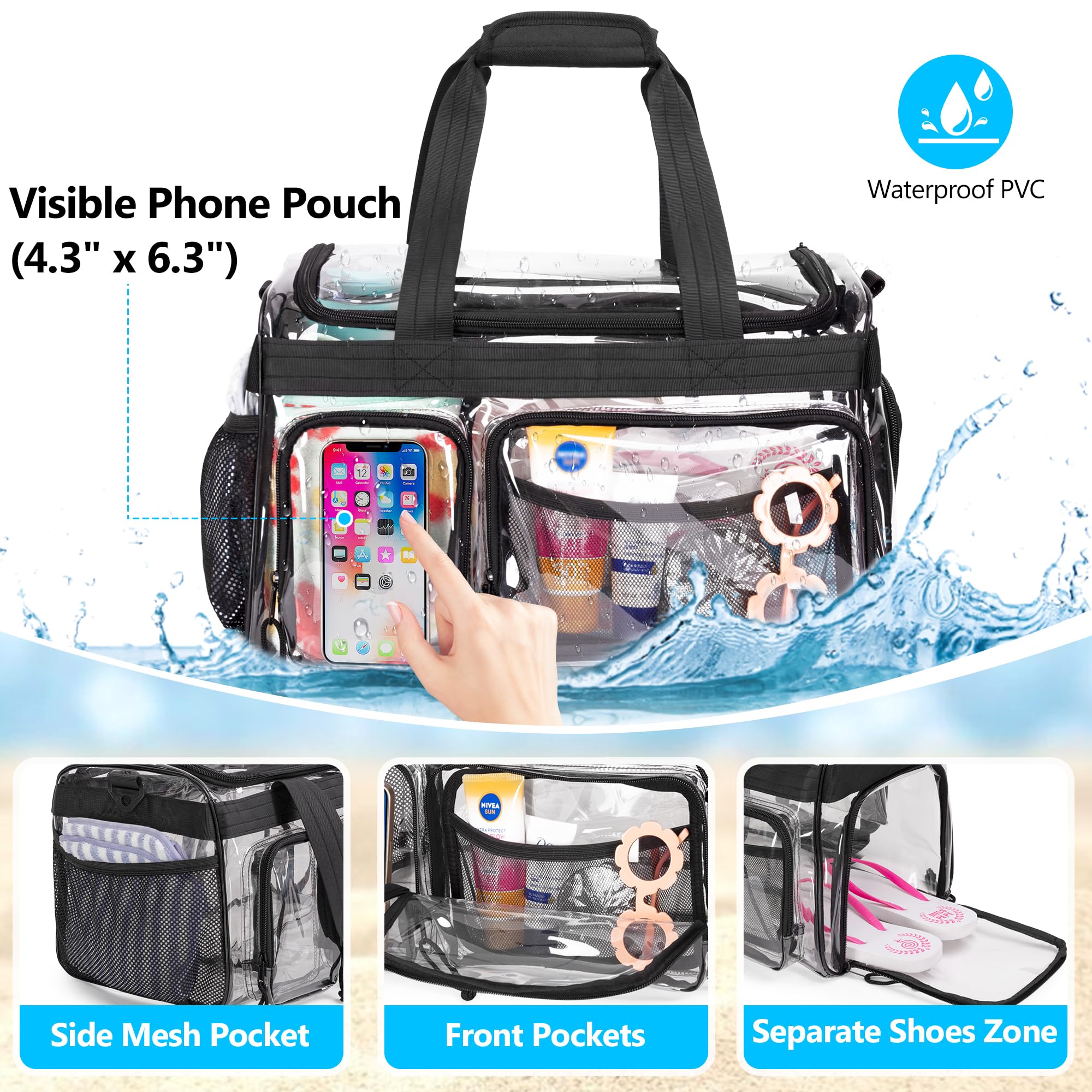 Yarwo Sac de Plage Transparent PVC Étanche avec Poche à Chaussures | Avec PVC Imperméable, Compartiment Chaussures, Plusieurs Poches et Fermeture Zippée pour Plage, Piscine et Stade